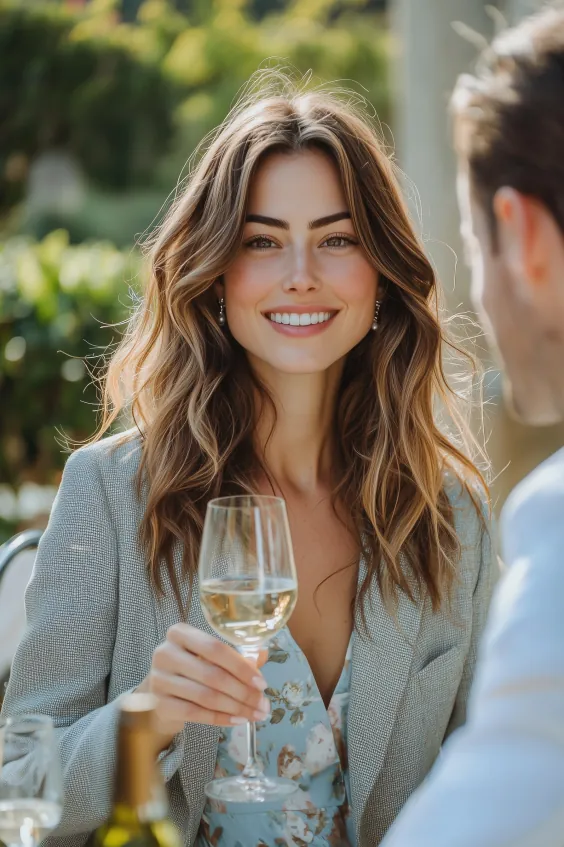 Camille Clouzeau enjoying white wine at an alfresco lunch in Bordeaux.