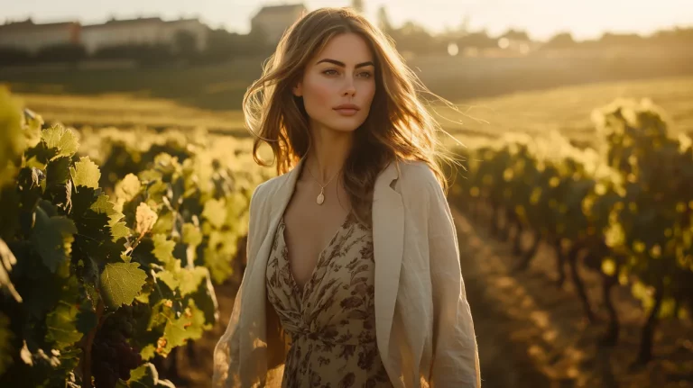 Camille Clouzeau walking through sunlit vineyards in Bordeaux
