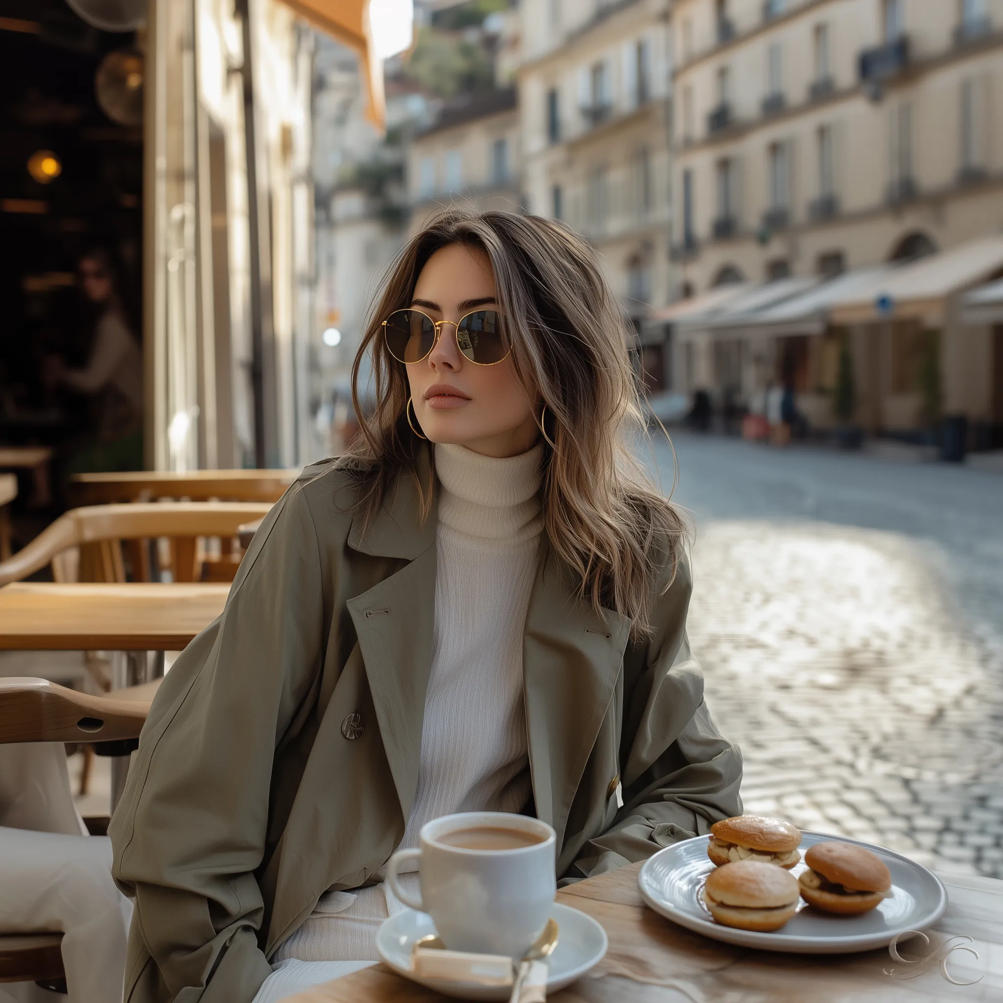 Camille seated at a café table, stylishly wearing sunglasses and smiling gently.