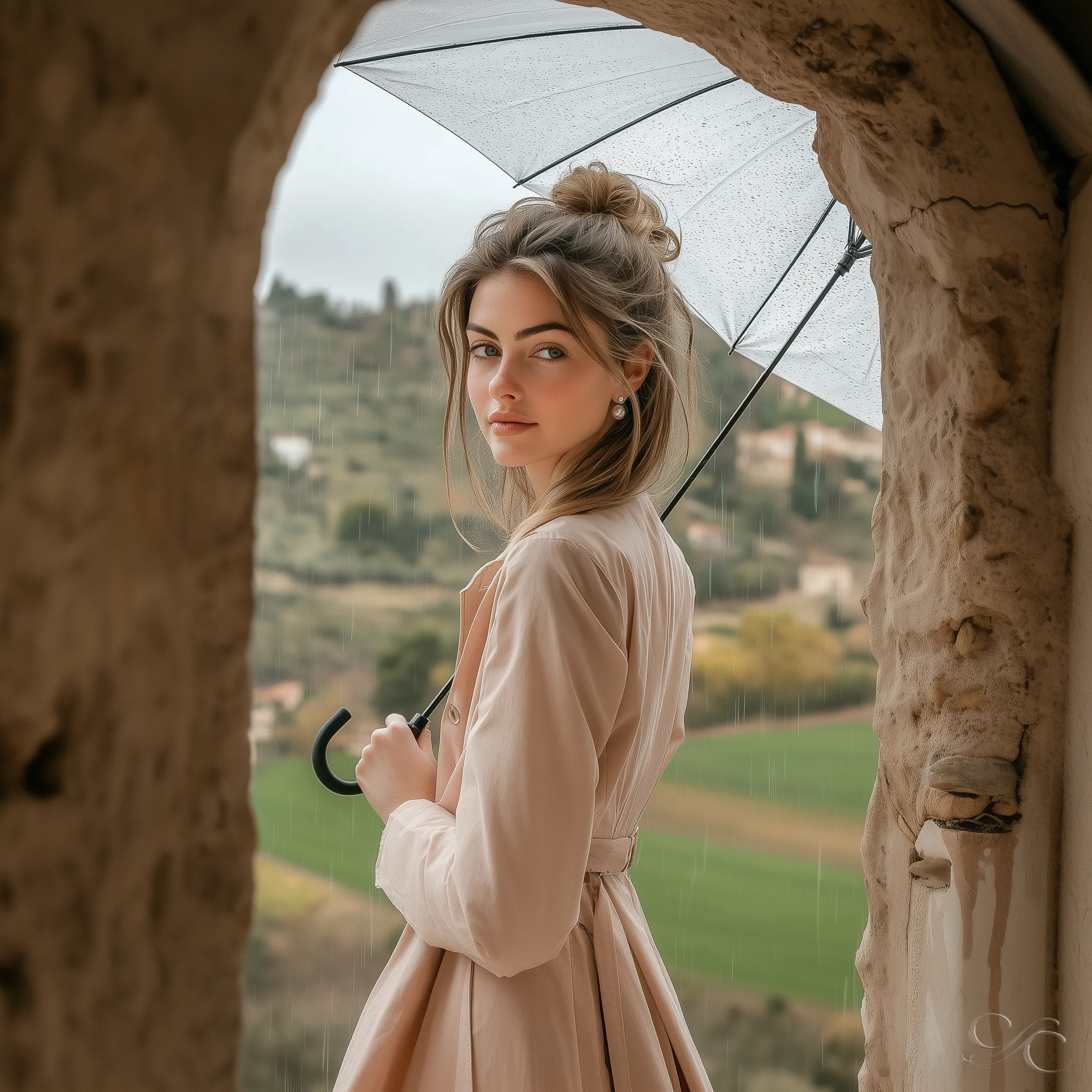 Camille stands beneath an ancient stone arch, holding a transparent umbrella, gazing over a lush rainy landscape.