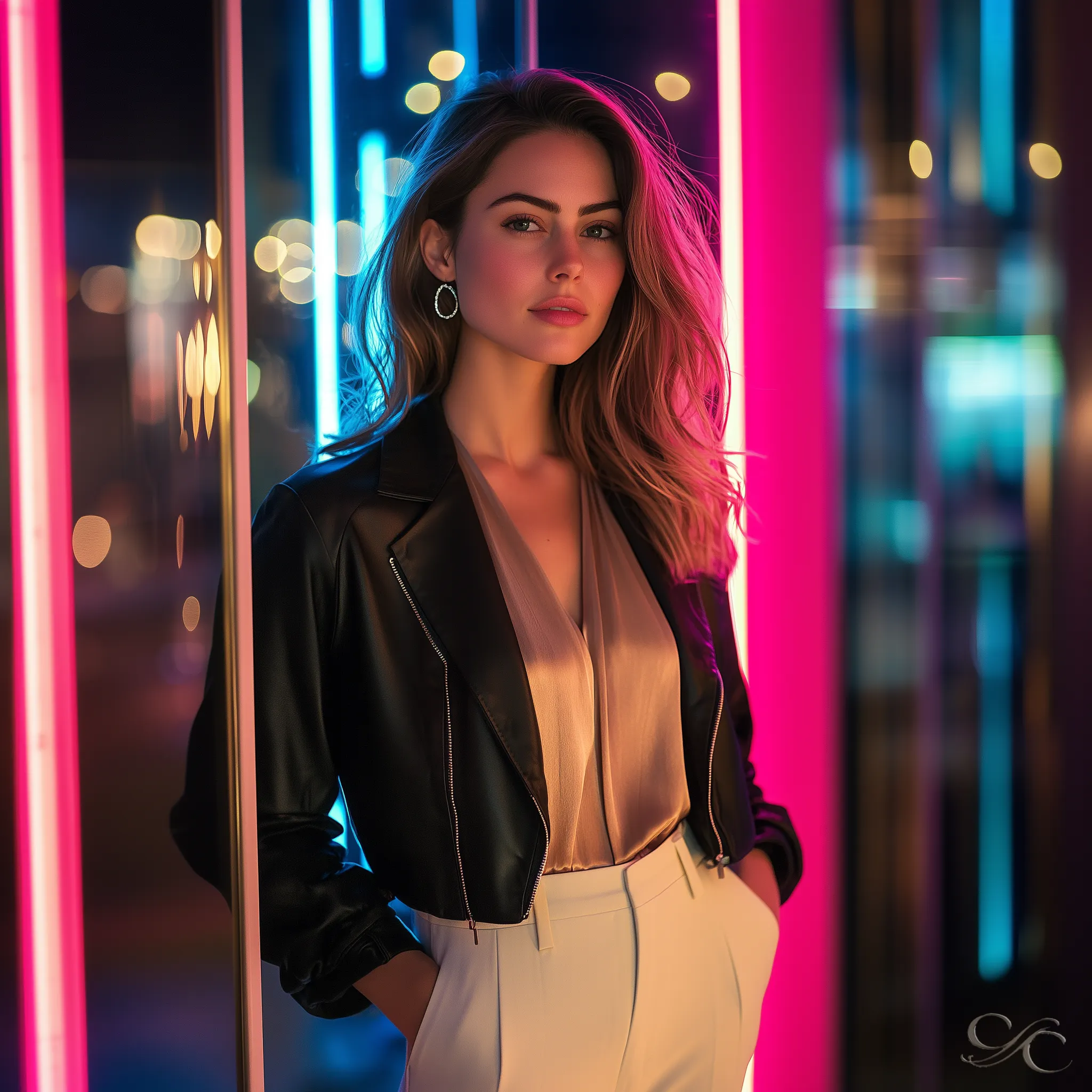 Camille standing stylishly under colorful neon lights in Lyon’s nightlife scene.
