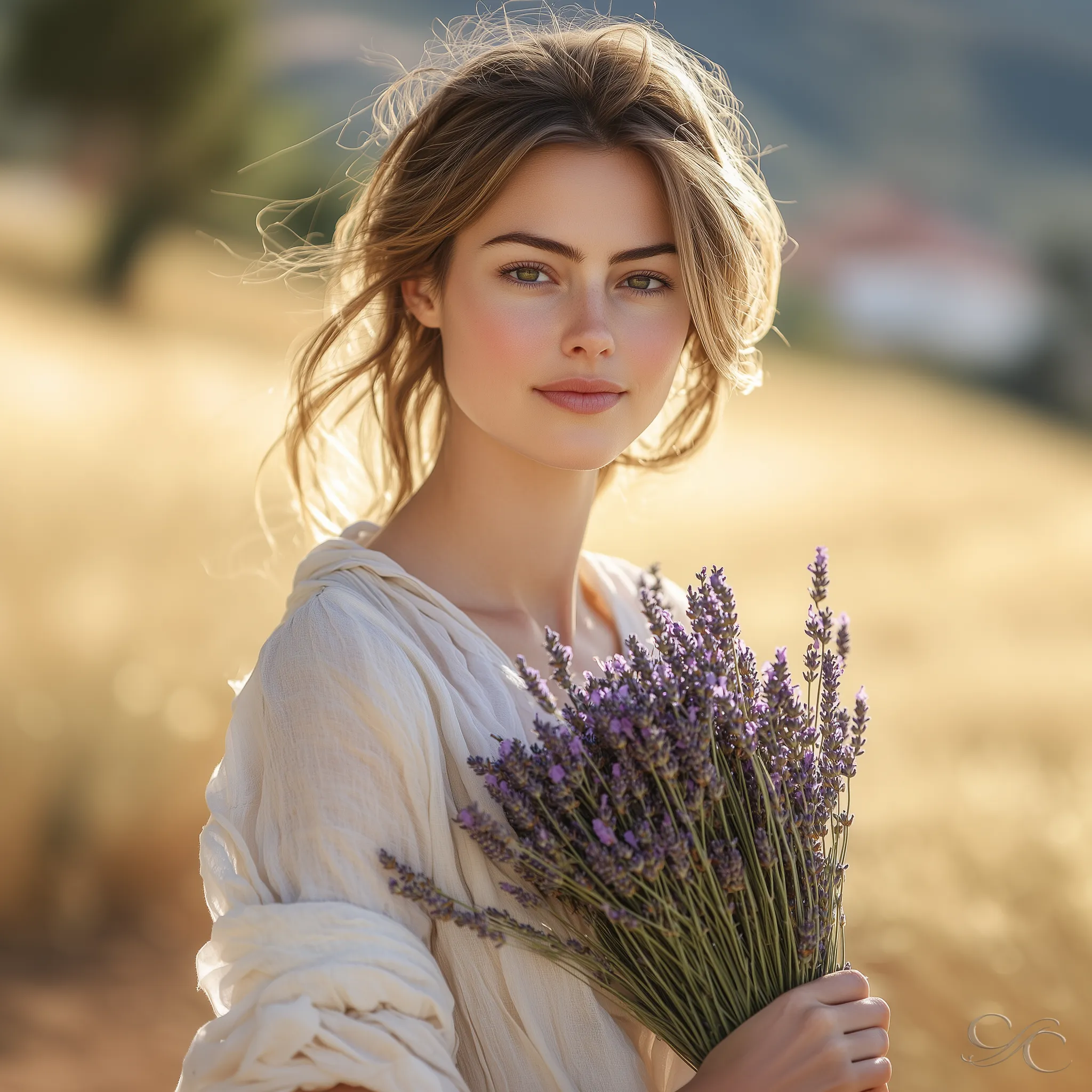 Camille stands in a golden field holding a bouquet of fresh lavender, wearing a soft, flowing blouse.