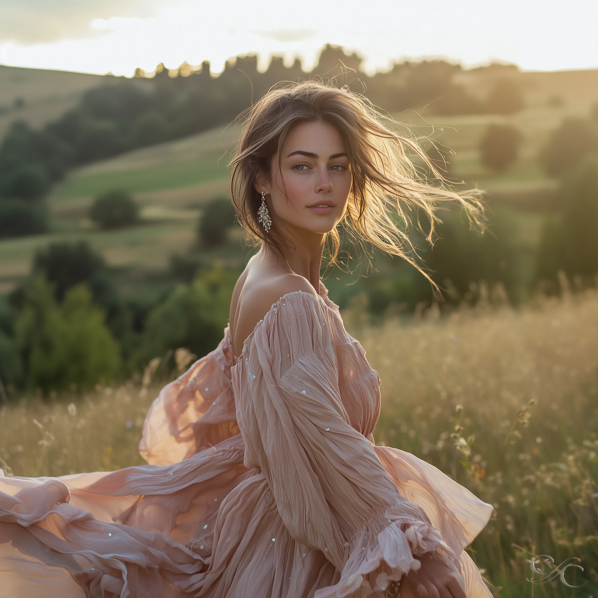 Camille twirls in a blush off-the-shoulder gown at golden hour on a hillside.