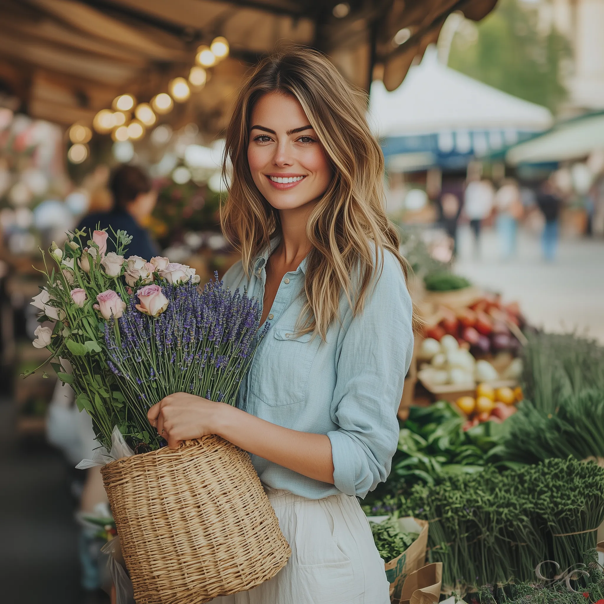 Camille smiling warmly while browsing vibrant flowers in a Lyon market.