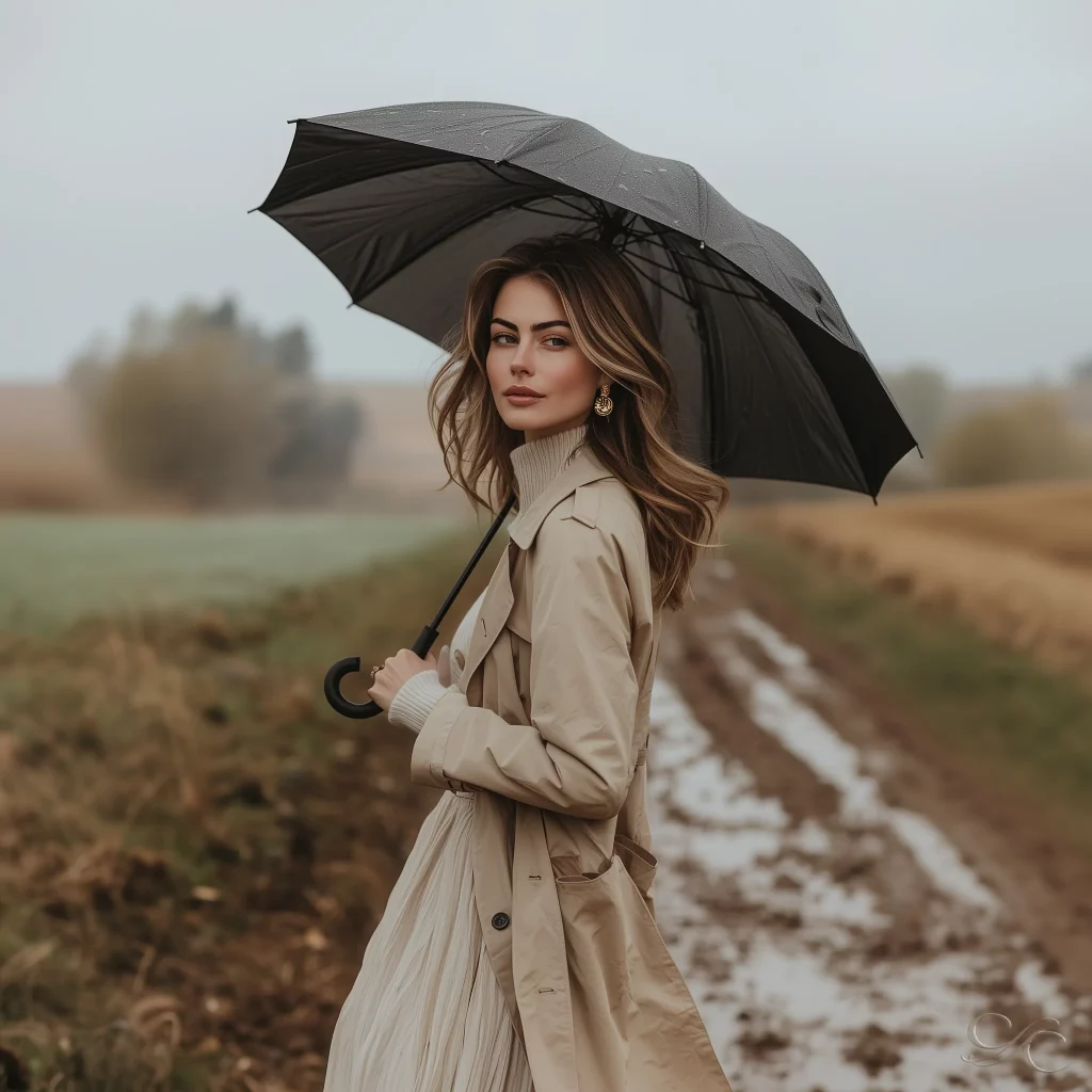 Camille looking back while walking a muddy country path under an umbrella, dressed in soft neutrals.