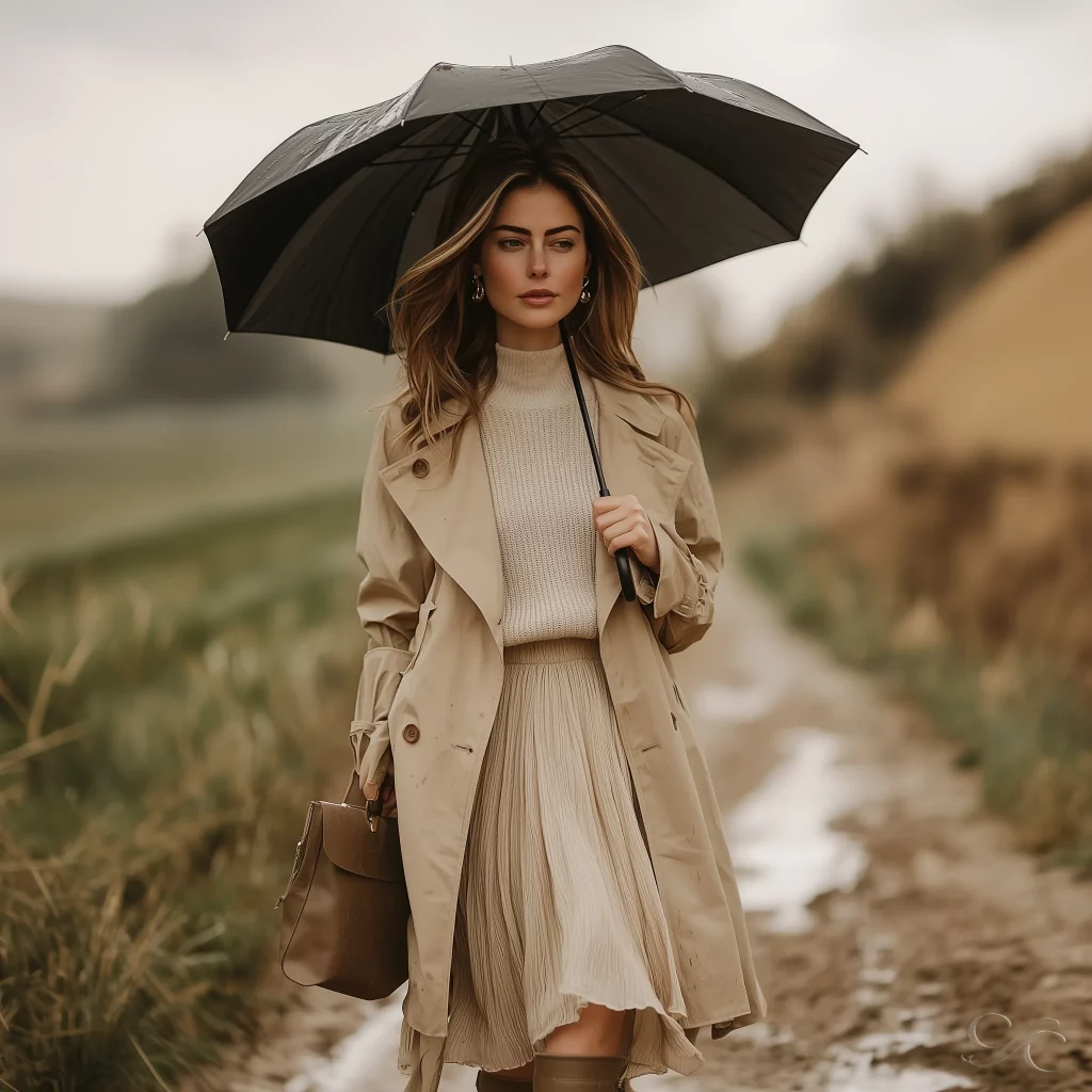 Camille Clouzeau walks on a rainy rural path in Provence, holding a black umbrella, dressed in a belted trench coat and cream