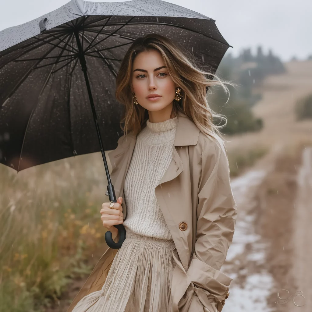 Camille walking in the rain on a countryside path, wearing a pleated skirt, knit sweater, and trench coat.