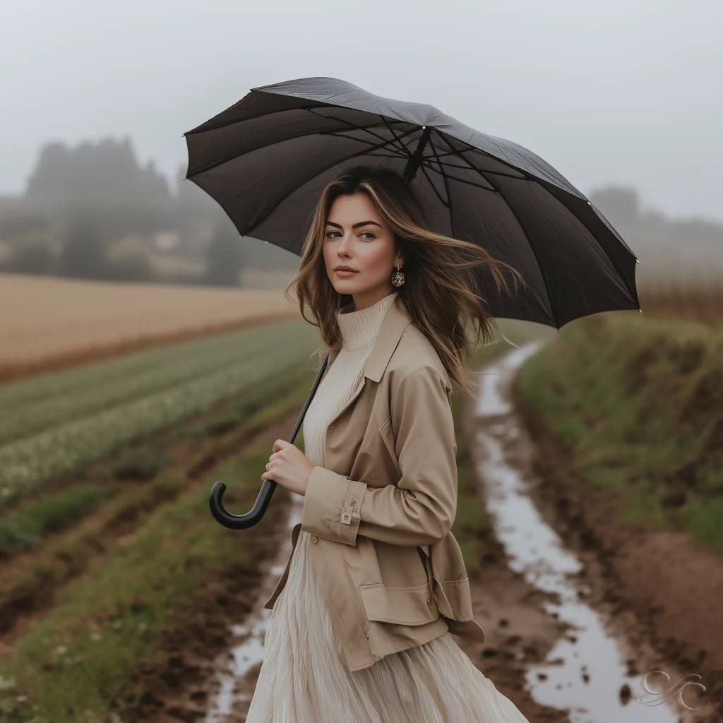 Camille Clouzeau walks a muddy path in Provence under a black umbrella, wearing a tan jacket and pleated skirt on a misty day.