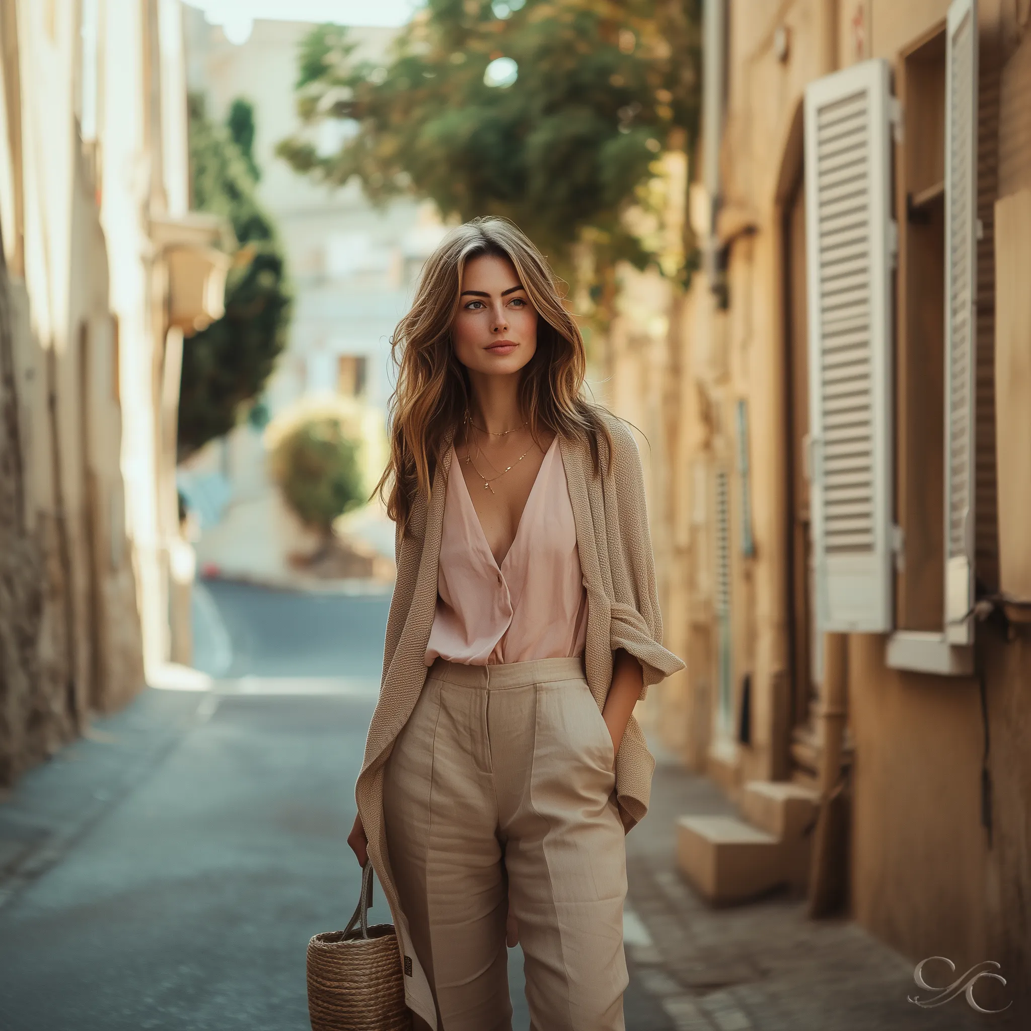 Camille strolling down a sun-drenched village street in blush and beige tones, holding a straw bag.