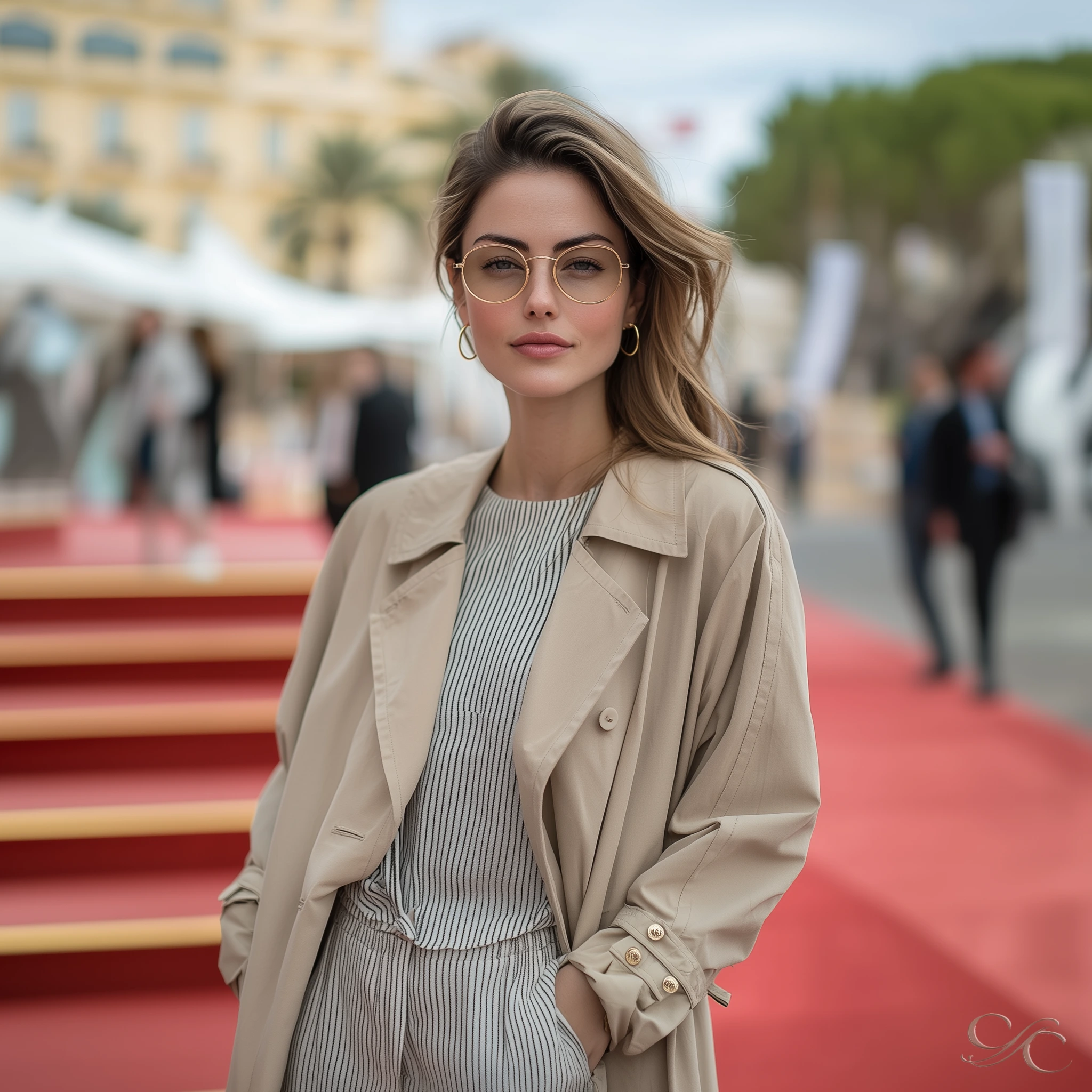 posing gracefully on a red carpet surrounded by event attendees and tents