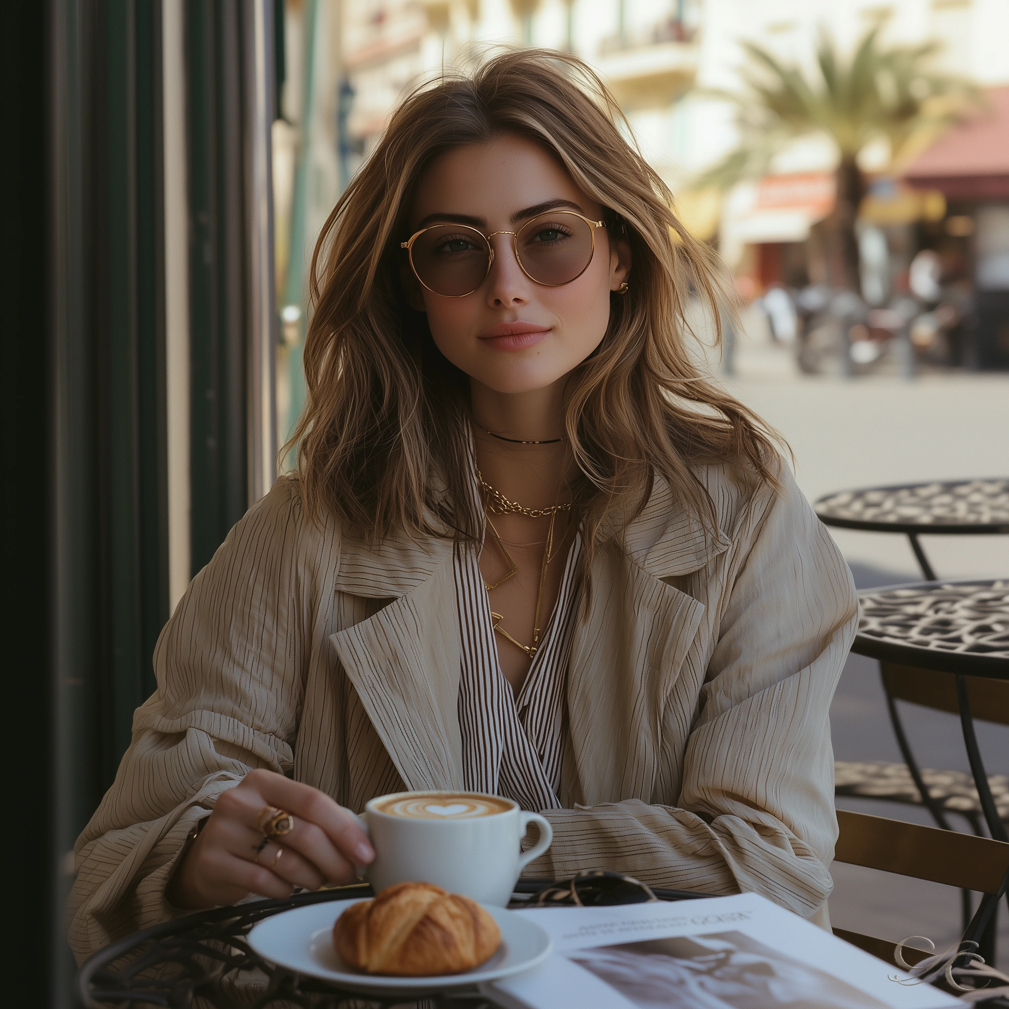 Sipping coffee at a cafe while enjoying a pastry and reading a magazine