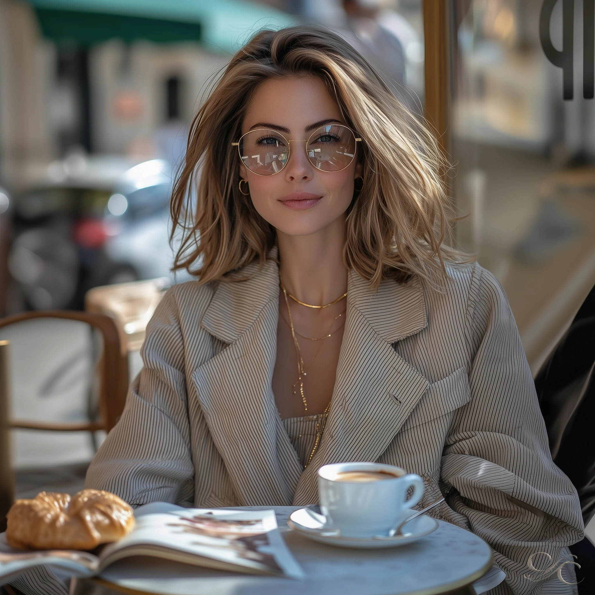 sitting at a cafe enjoying coffee and a pastry while reading a magazine