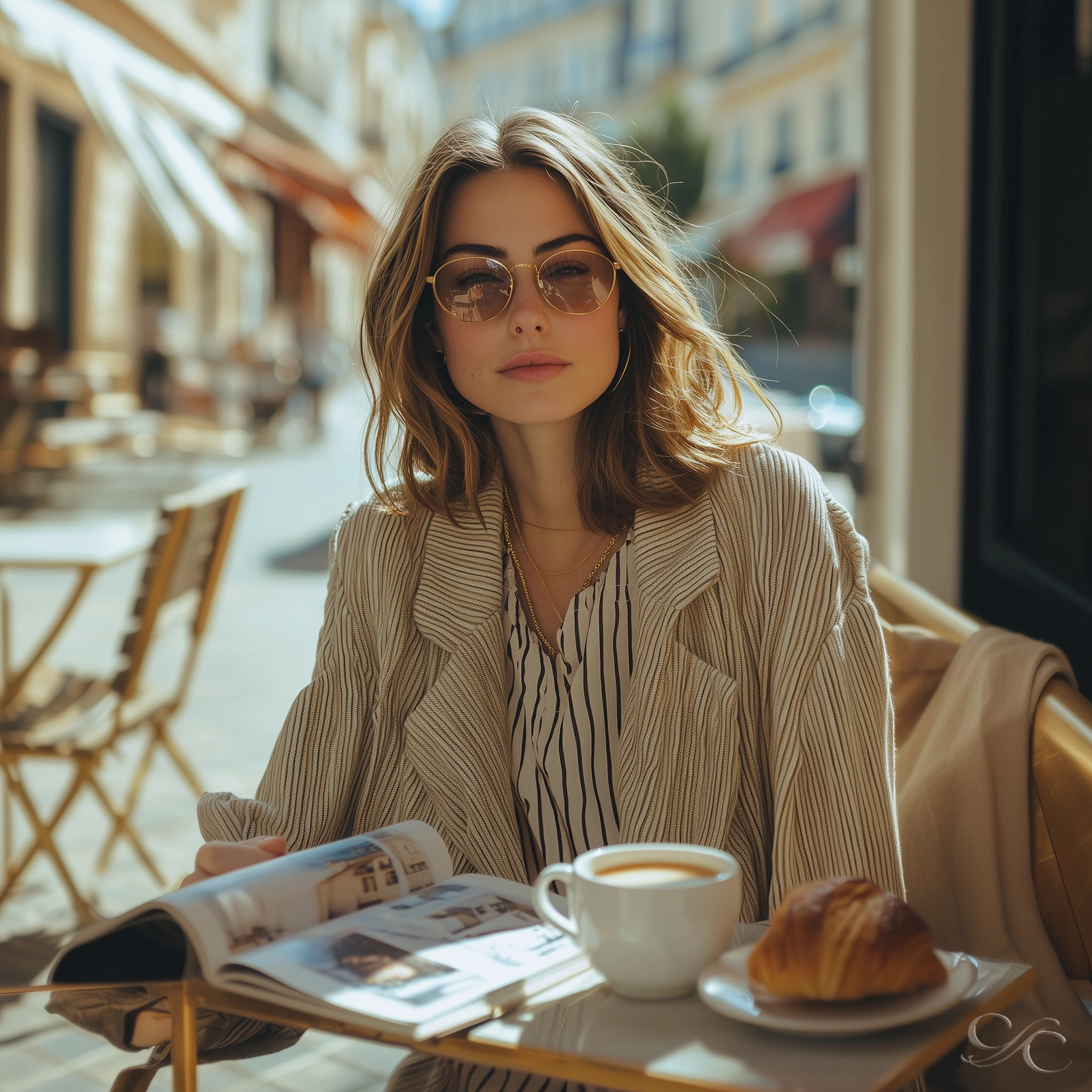 sitting at a cafe reading a magazine with coffee and a croissant
