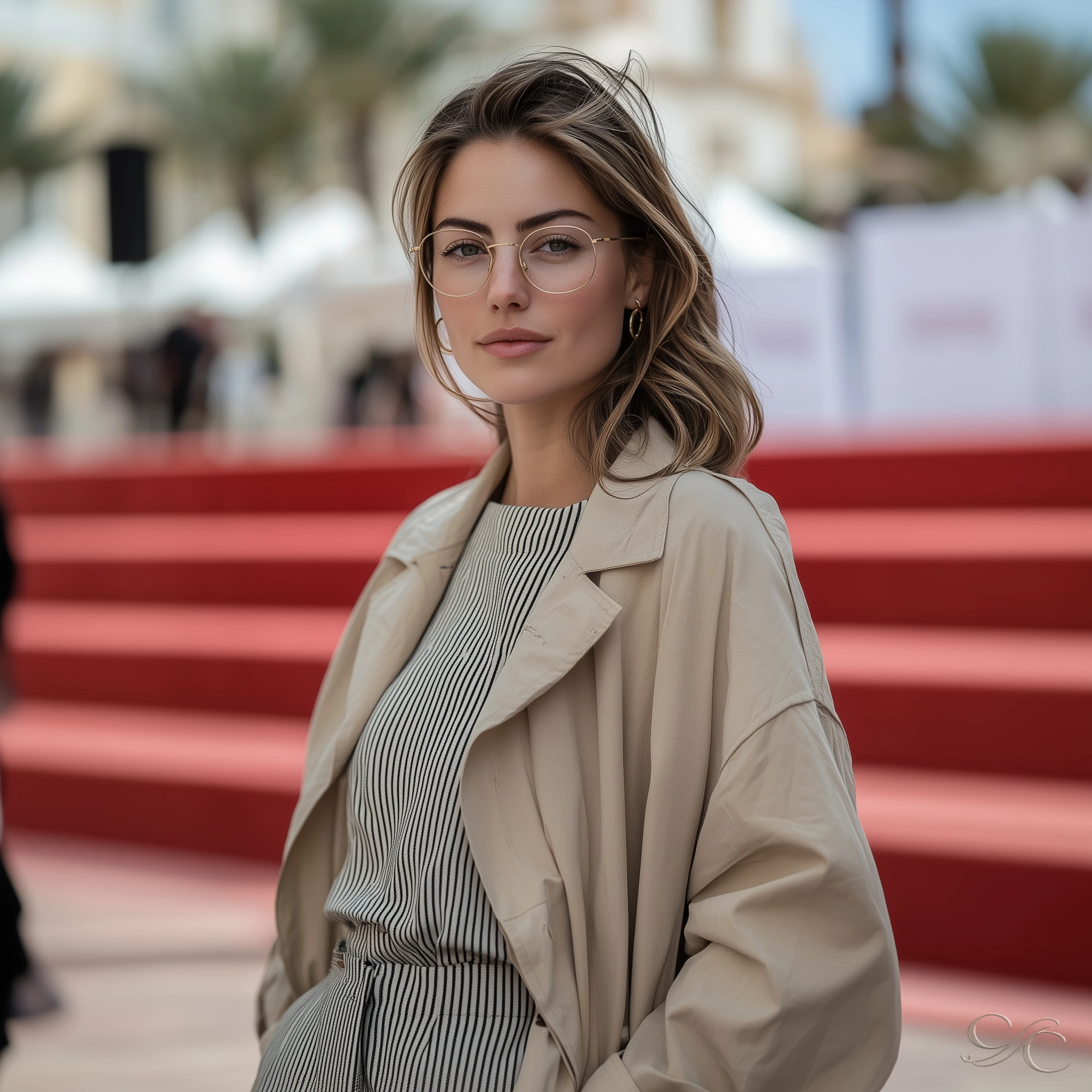 standing confidently on steps in stylish outfit with a serene expression