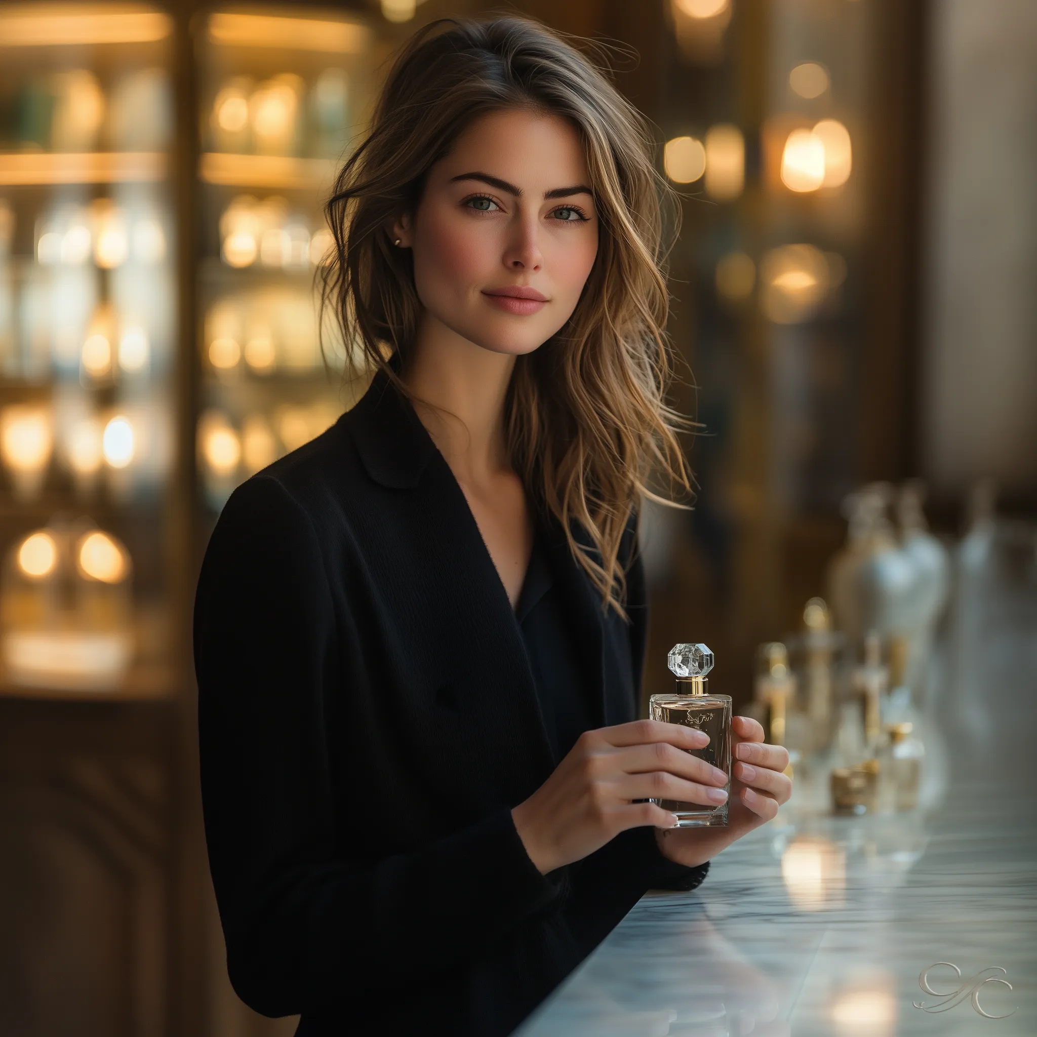 Camille holding a crystal perfume bottle inside a golden-lit perfumery in Èze.