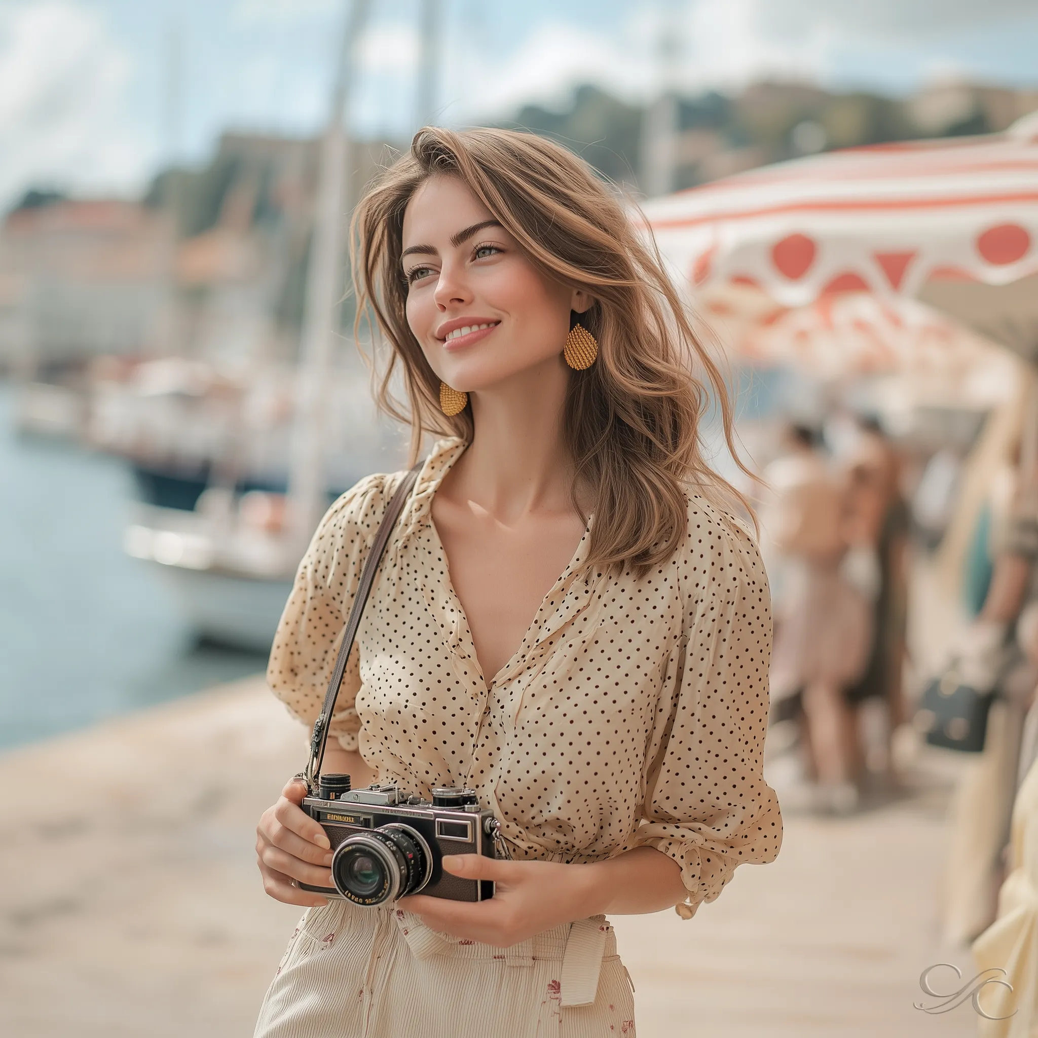 Camille Clouzeau with a vintage camera on Menton's sunlit promenade, smiling beside the sea.