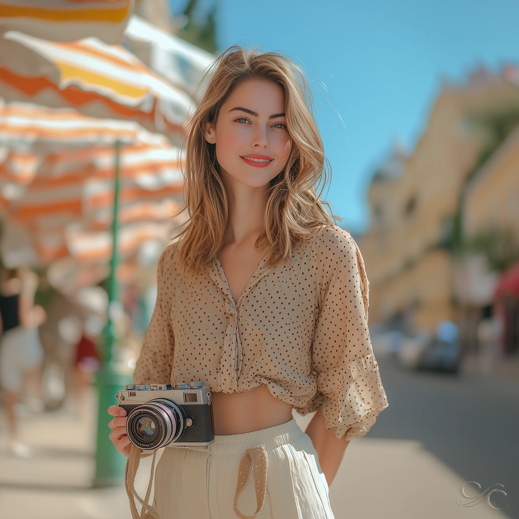 Camille strolling through a sunny Menton street in a light blouse and sunglasses, camera-ready.