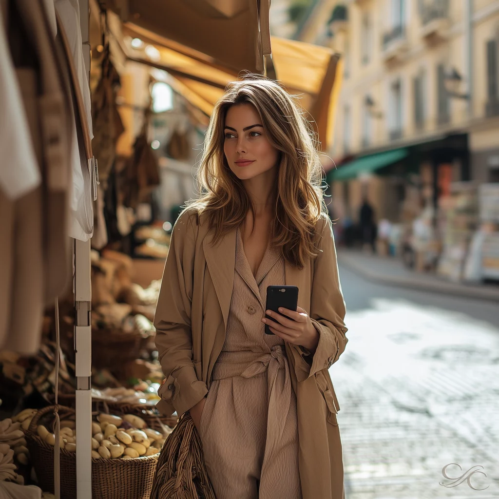 Standing in a market holding a phone and looking thoughtfully at her surroundings
