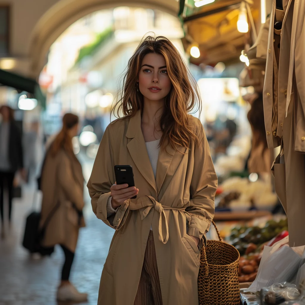 standing in a market while looking at her phone and observing surroundings