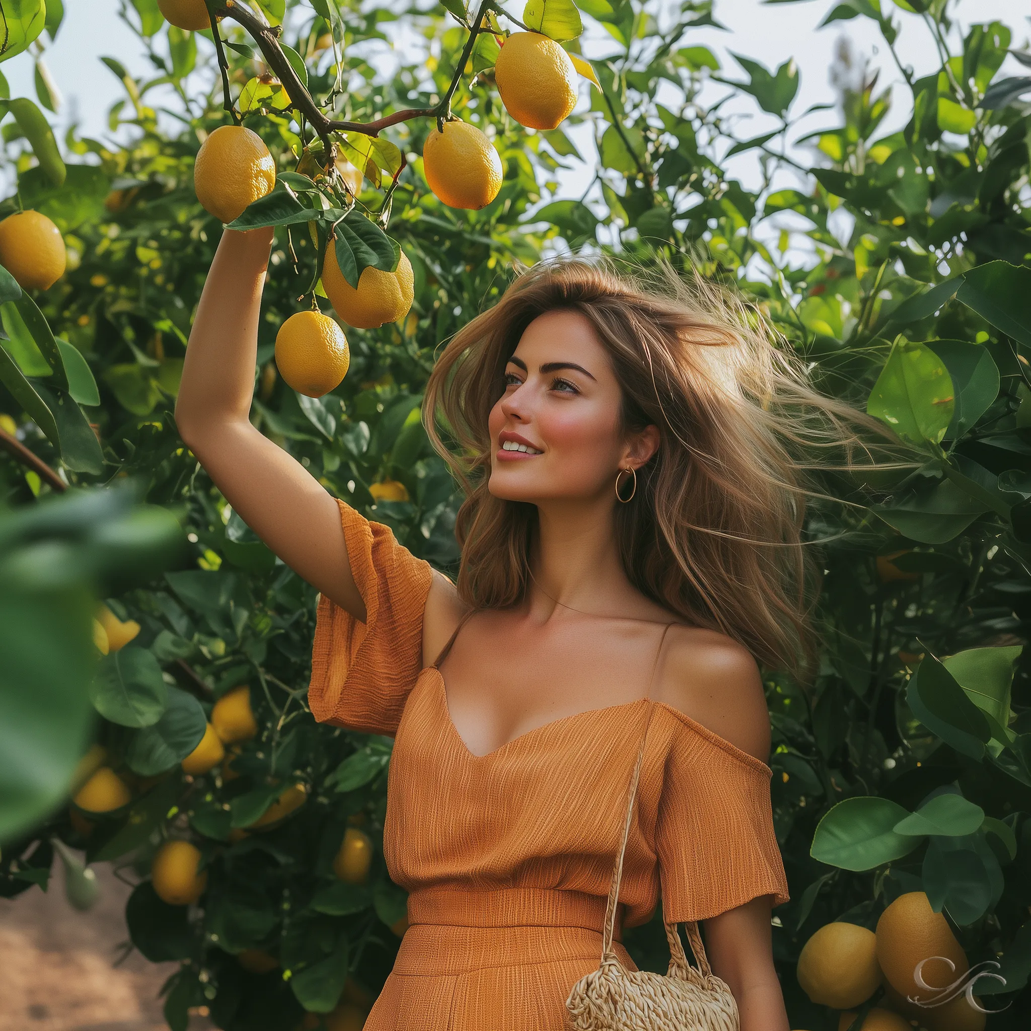 Camille picking lemons in a Provençal orchard outside Menton, wearing an ochre dress.