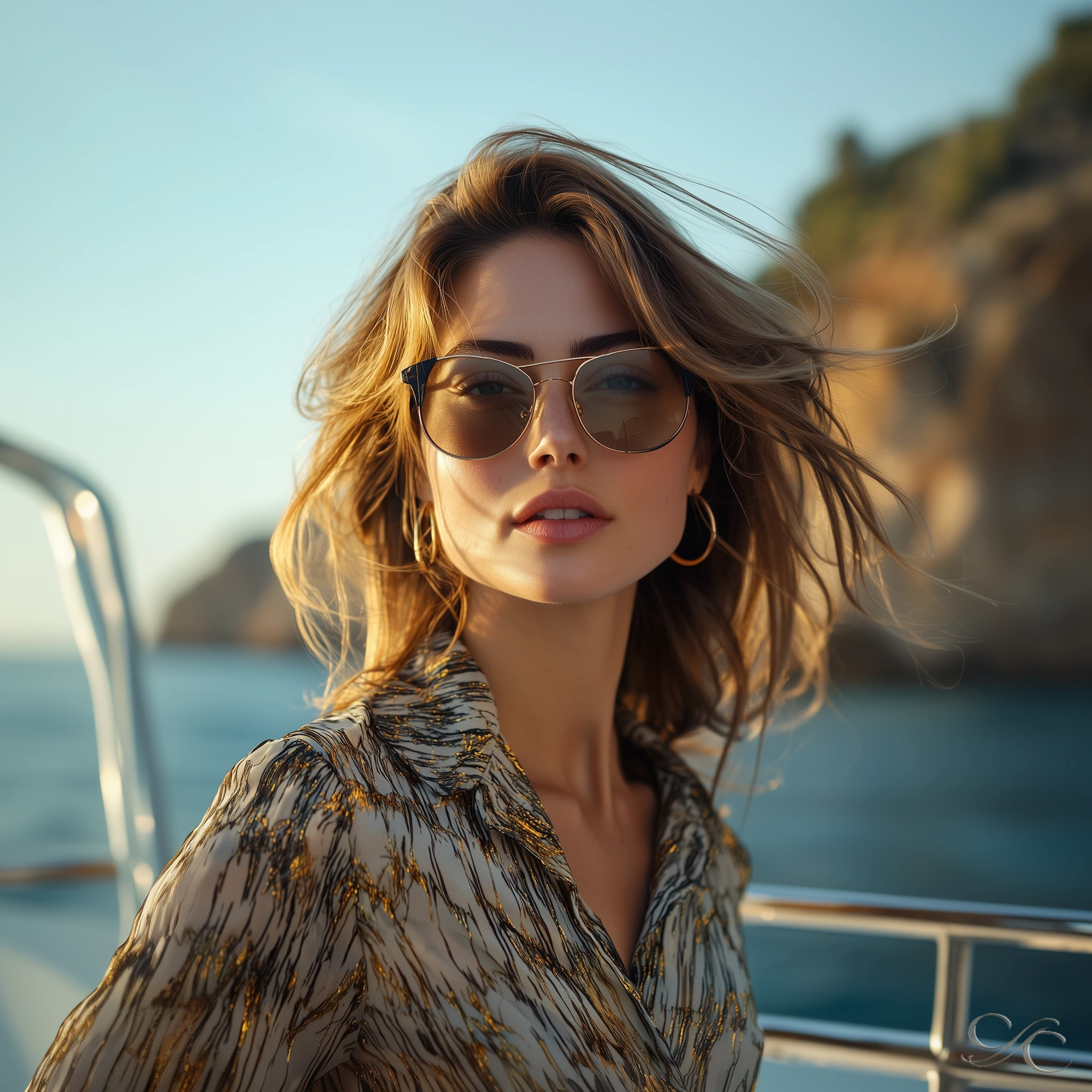 posing on a boat with wind in her hair enjoying the ocean view