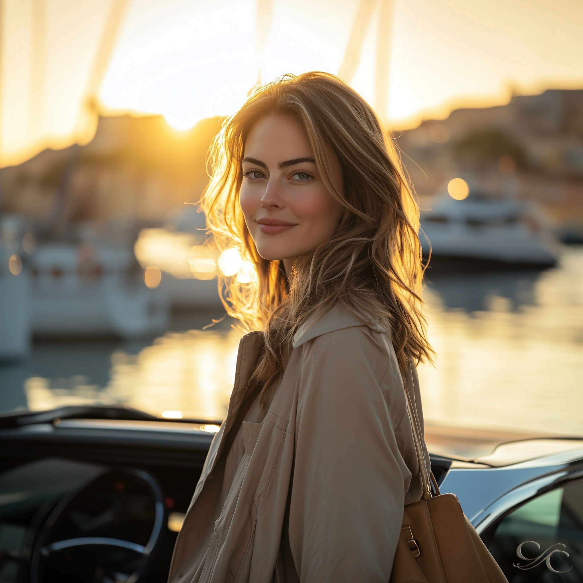 Standing by a car while enjoying a sunset by the marina
