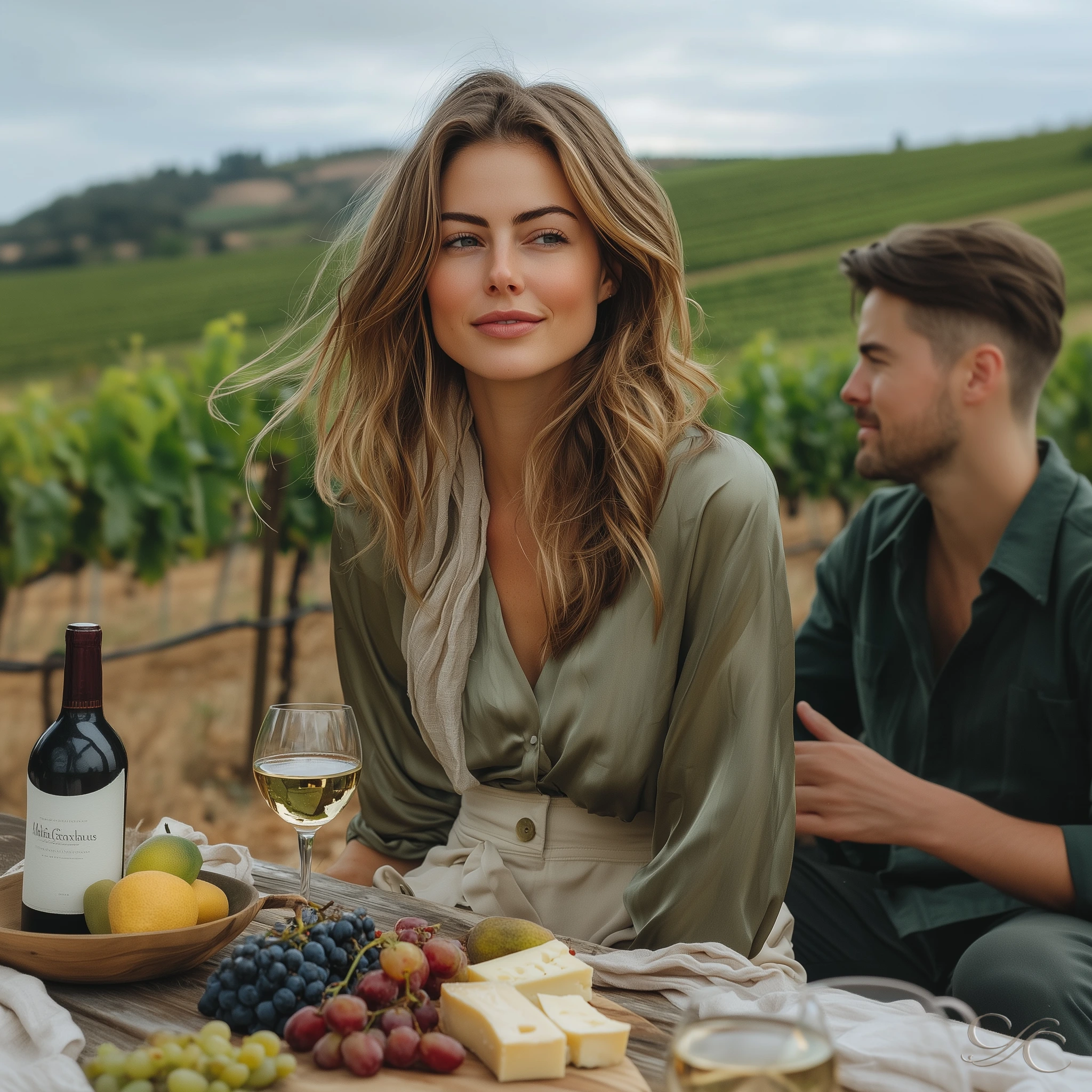 The woman enjoys wine and snacks at a vineyard with a companion nearby.