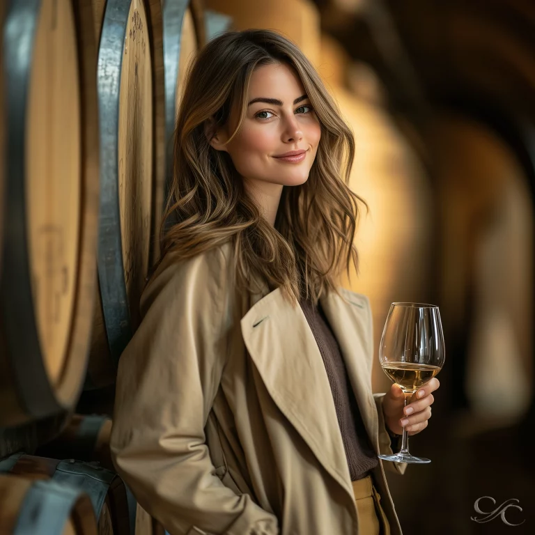 Camille enjoys wine holding a glass near large barrels in Burgundy smiling warmly 