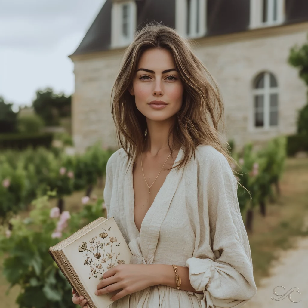 Camille stands outside holding a book with flowers visible in a Burgundy vineyard.