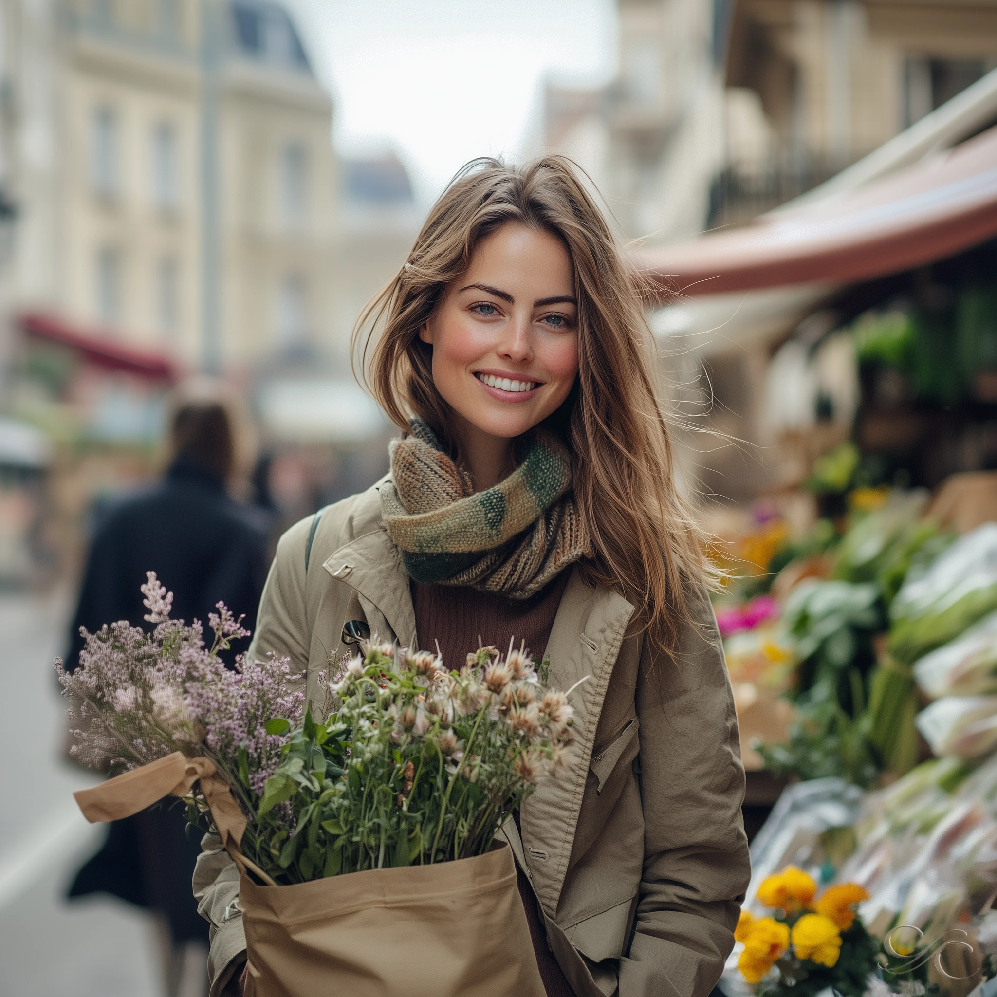 smiling while carrying a bag of fresh flowers in a vibrant market