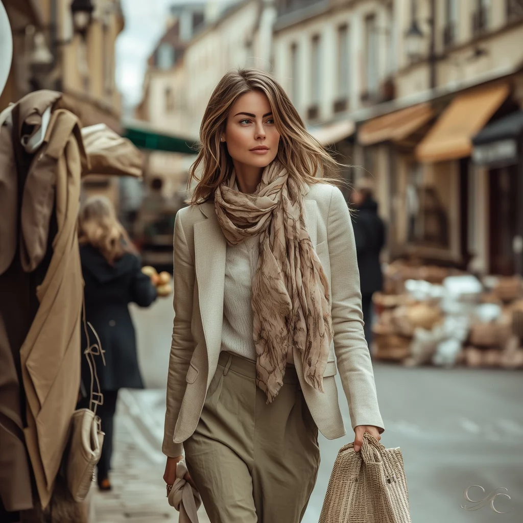 Camille walking down a street in Dijon while carrying a bag and observing her surroundings