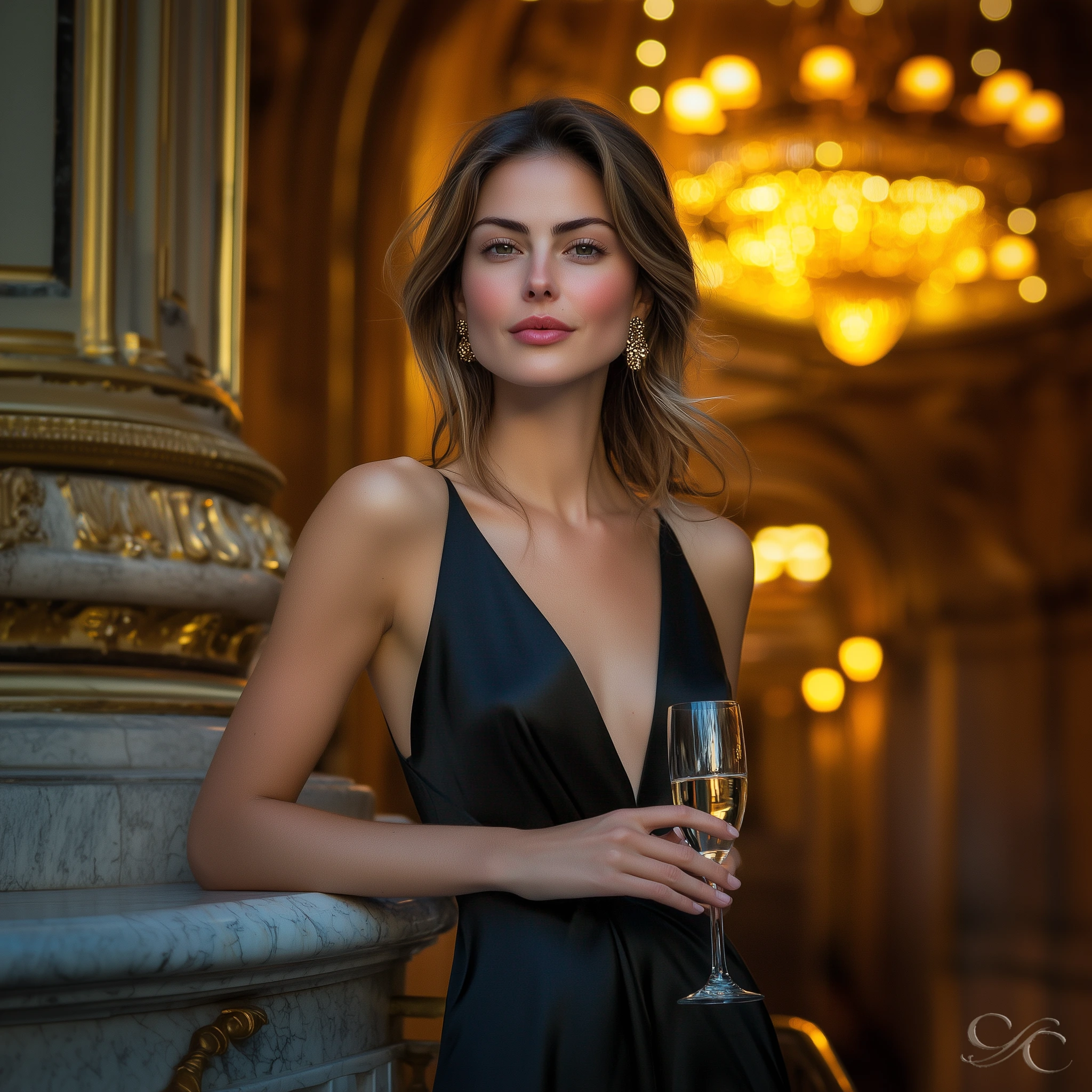 holding a glass of champagne while posing elegantly in a luxurious setting
