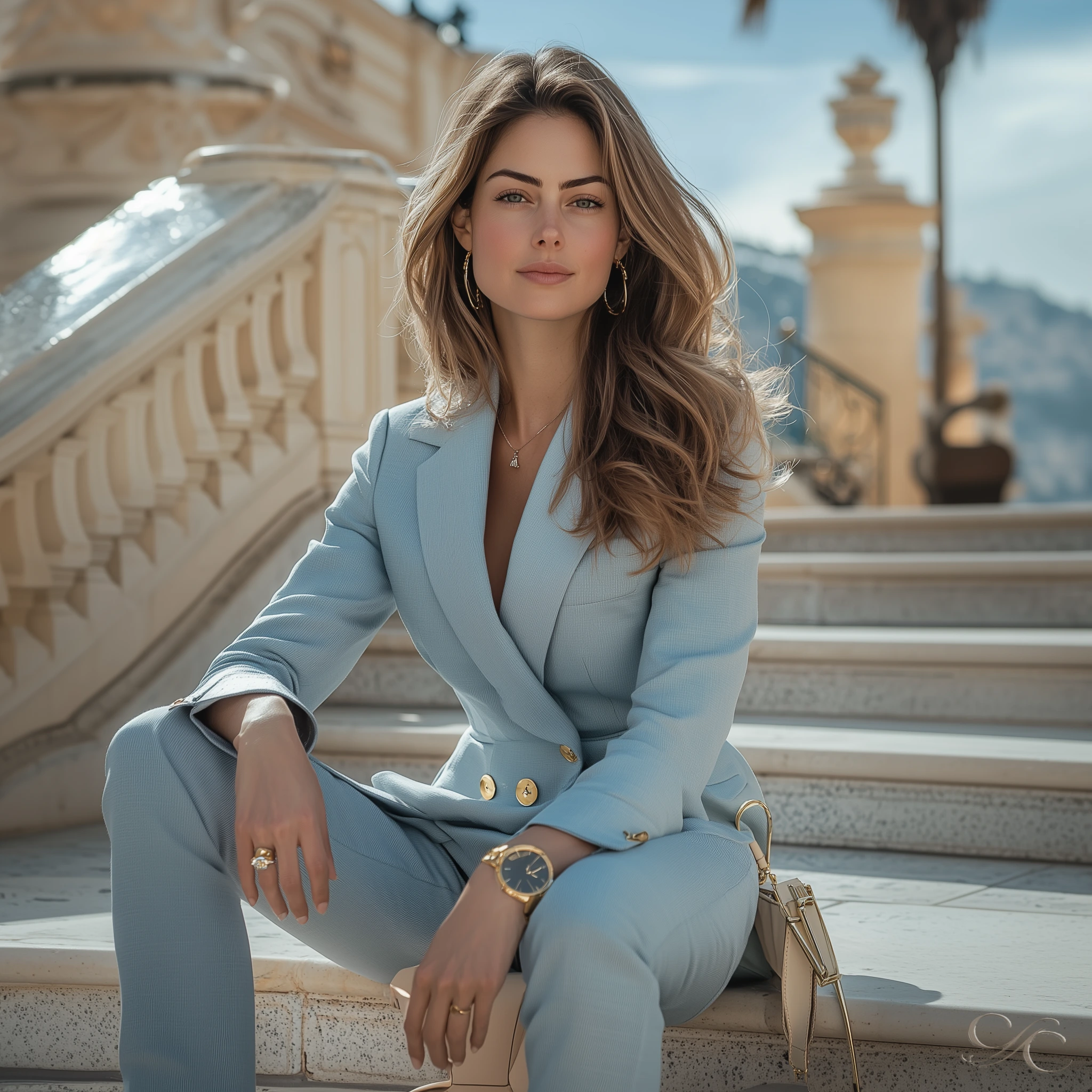 sitting confidently on steps in an upscale outdoor setting with elegant architecture