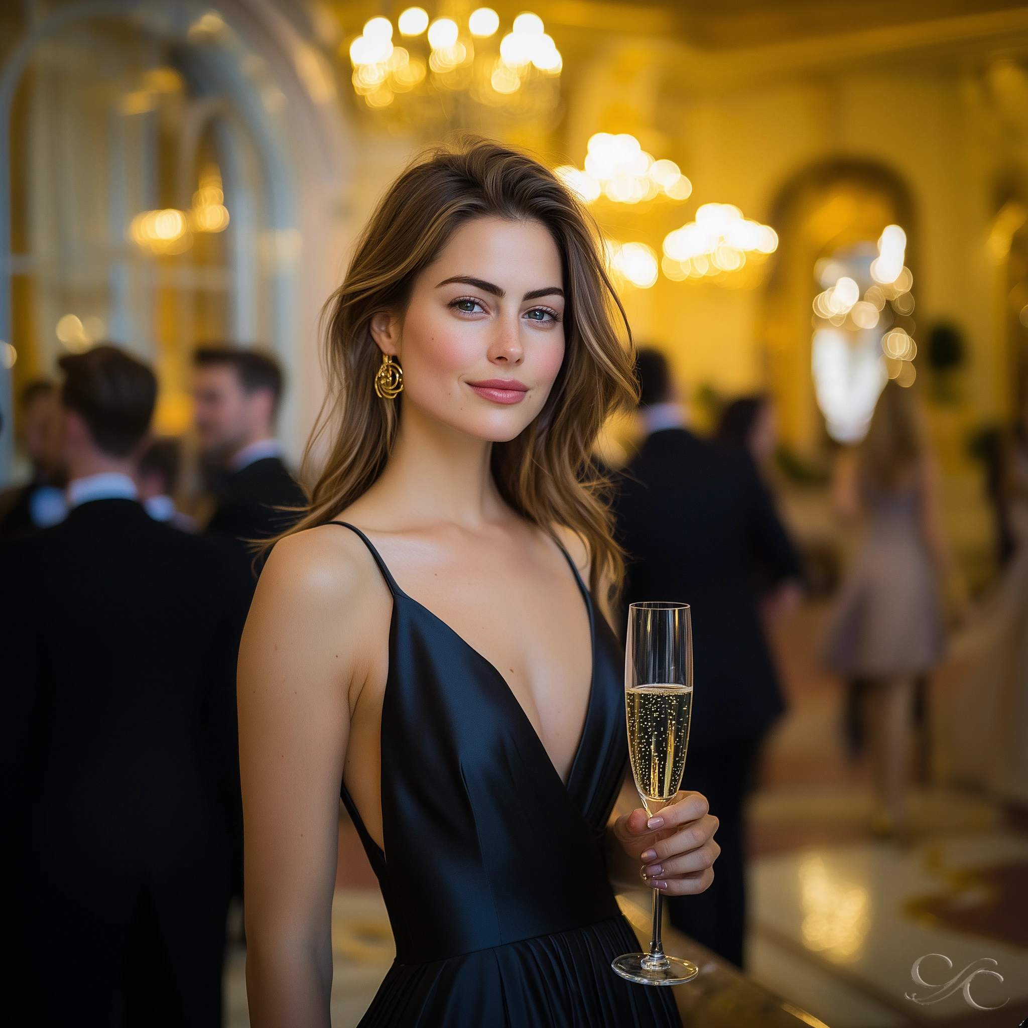 smiling and holding a champagne glass in a stylish social gathering