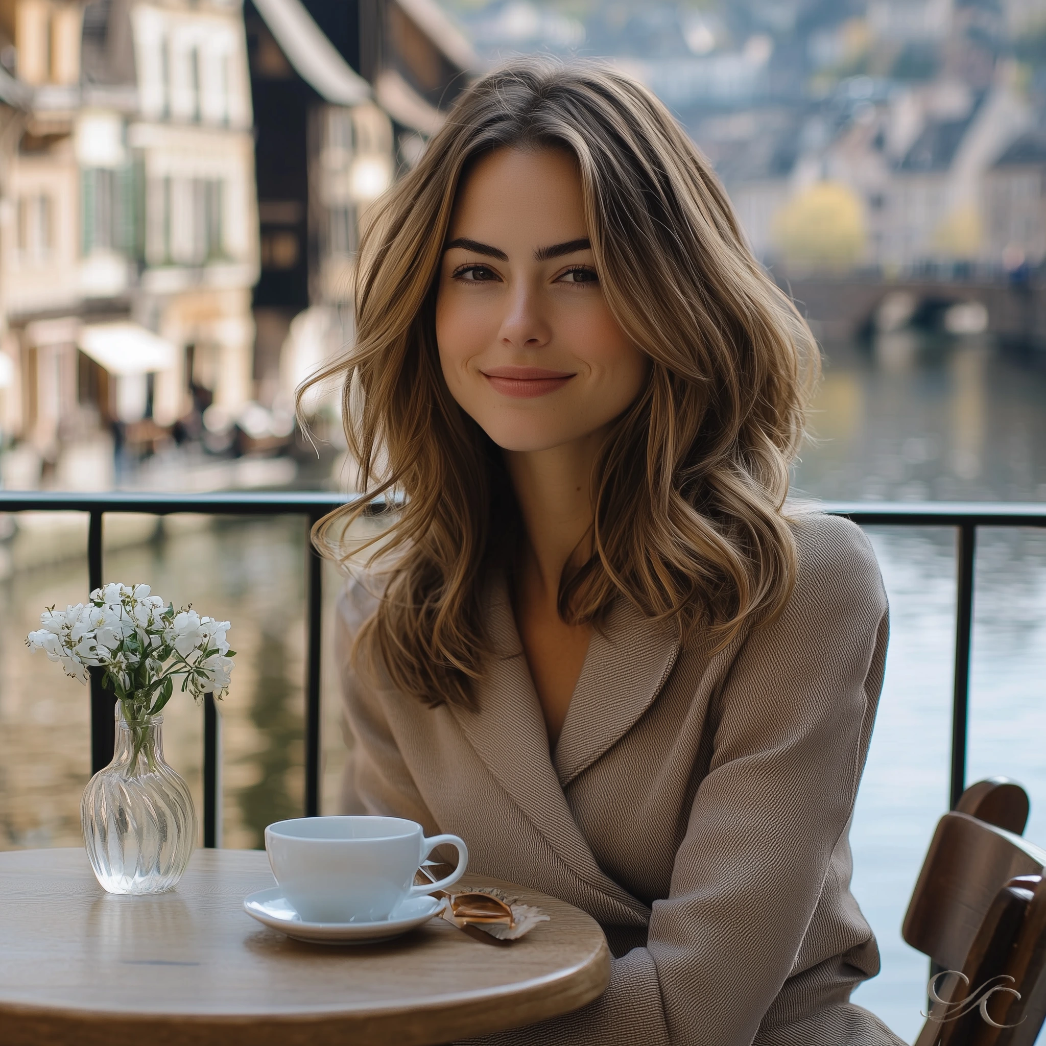 Camille enjoys her coffee calmly by the river in a peaceful setting.
