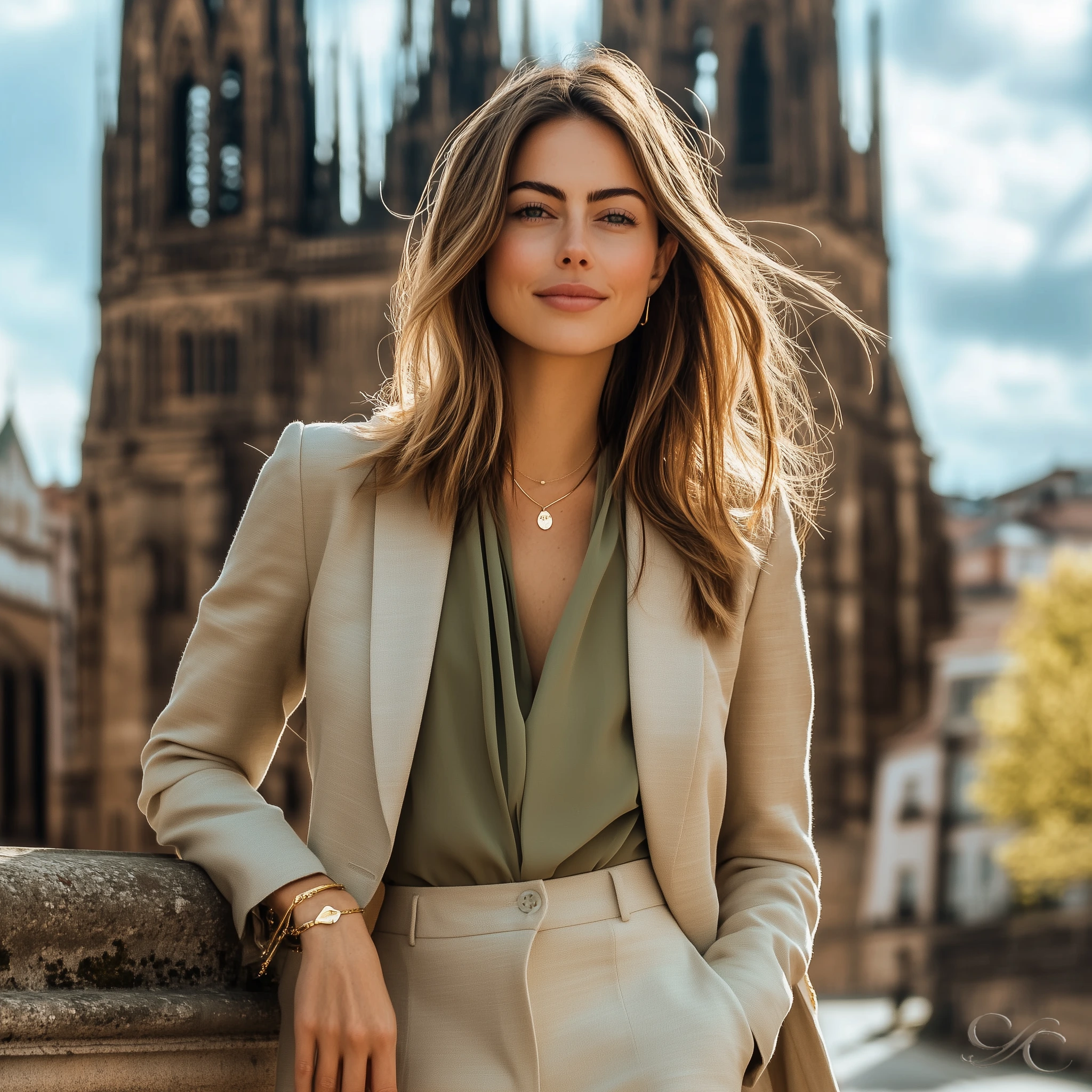 A woman stands confidently outside a historic building enjoying the sunny day.