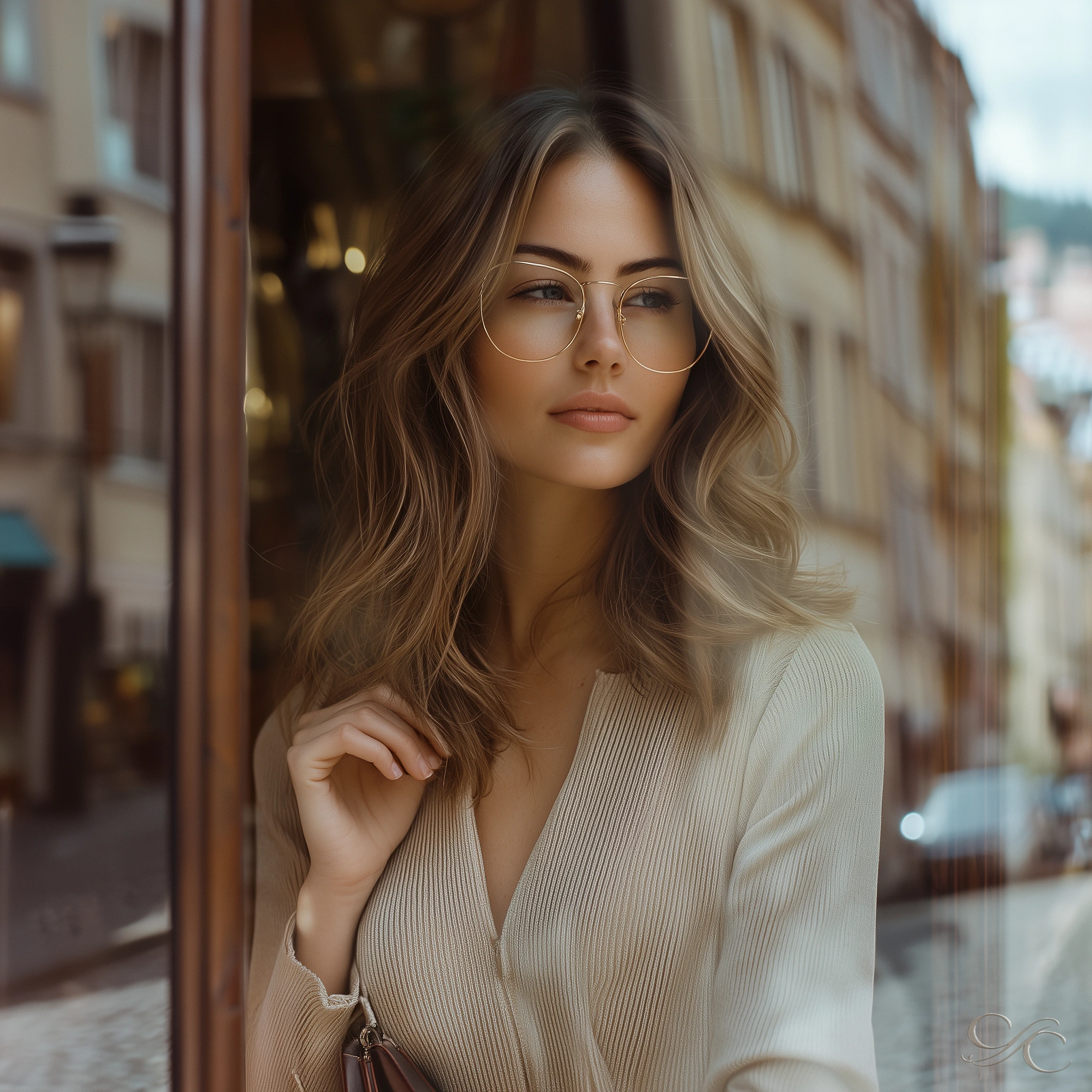 Camille gazes outside thoughtfully while standing near a reflective glass surface.