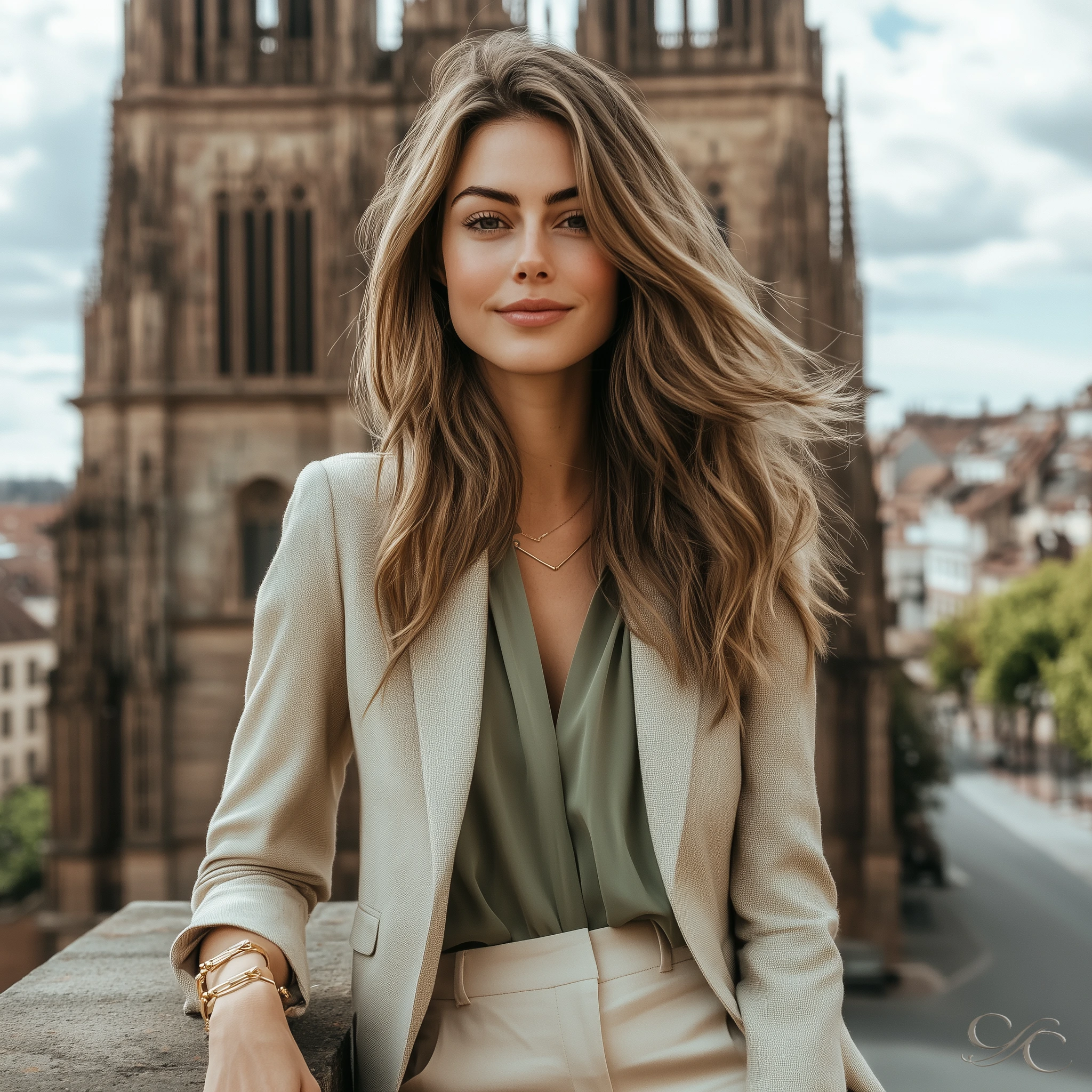 The woman is posing confidently near a historic building in a stylish outfit.