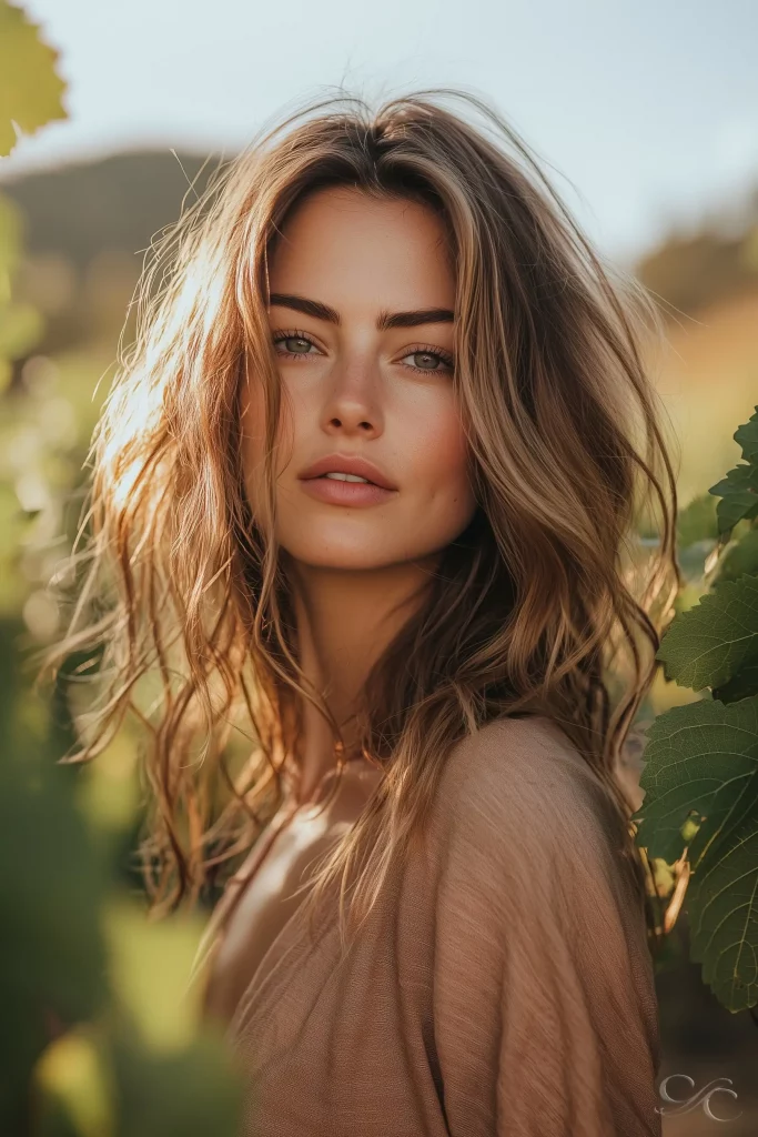 Camille standing in a sunlit vineyard near Chianti, surrounded by golden leaves.