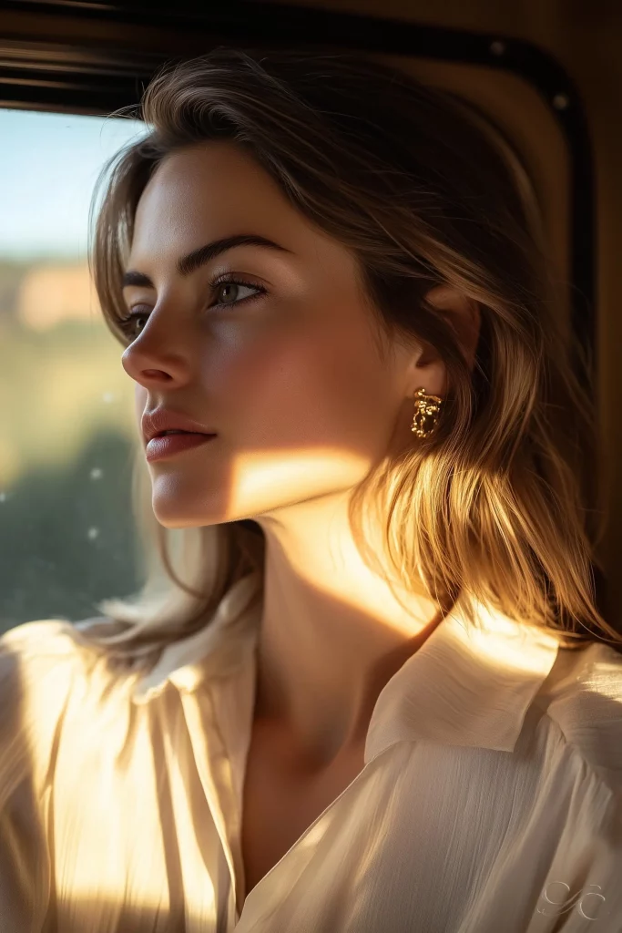 Camille sitting by the train window, gazing out at the Tuscan countryside in golden light.