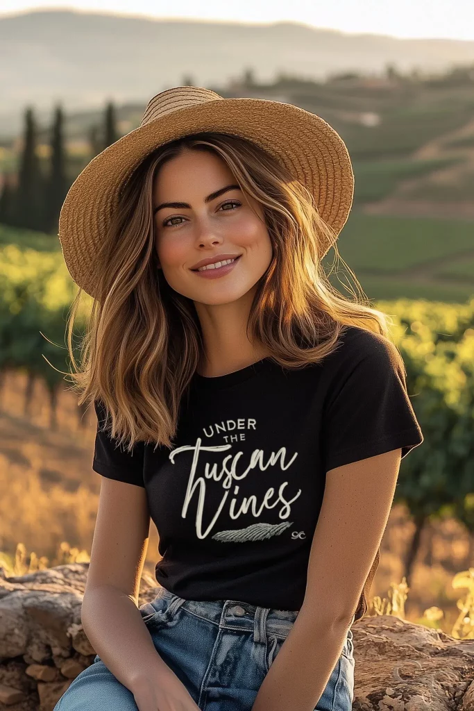 Camille wearing a straw hat and black tee that reads “Under the Tuscan Vines,” sitting between vineyard rows in late-afternoon light.