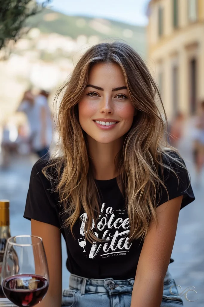 Camille enjoying a glass of red wine at a sunlit café in Pienza, wearing a “La Dolce Vita” tee.
