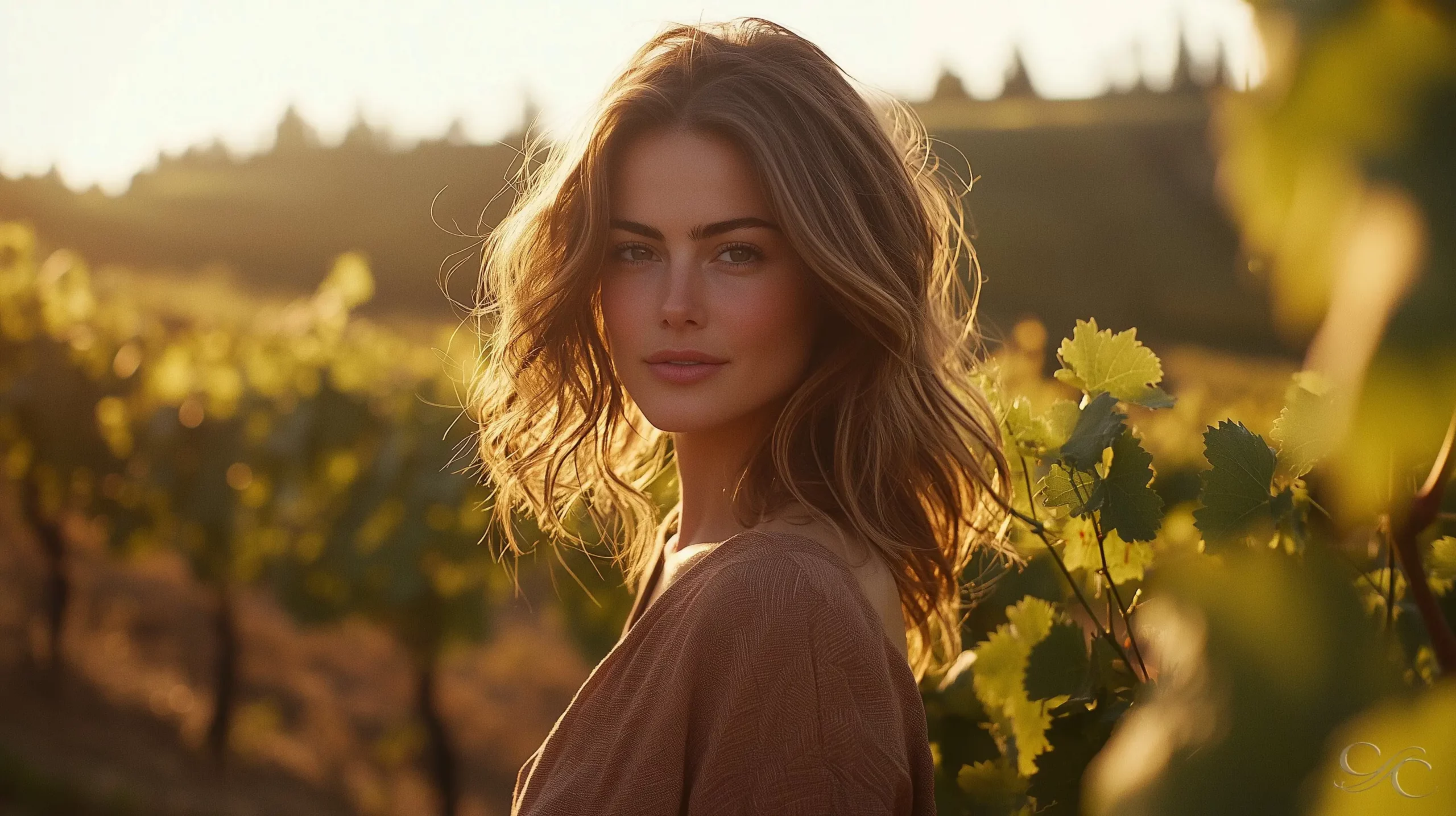 Camille standing in a sunlit vineyard in Tuscany, her hair softly illuminated by golden light as she gazes toward the camera, surrounded by rows of vines glowing in the late-afternoon sun.
