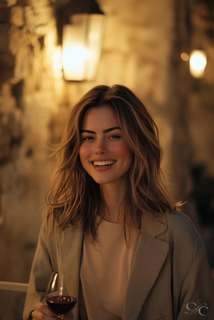 Camille enjoying a glass of RhĂŽne Valley wine in a cozy Avignon wine bar, surrounded by soft evening light and historic stone walls.