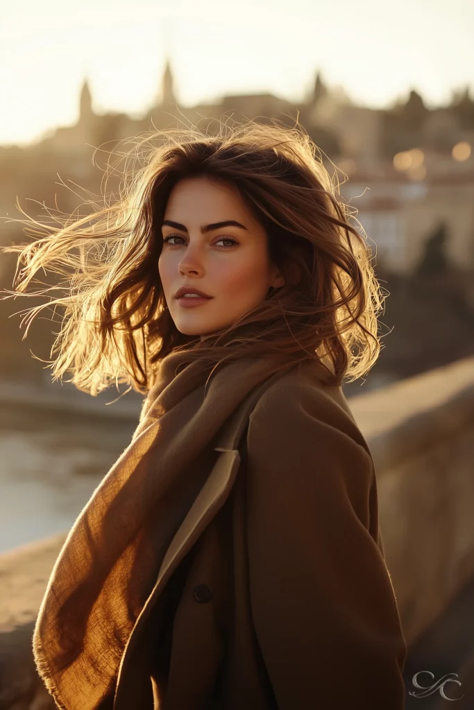 Camille standing on Pont Ădouard-Daladier in Avignon, overlooking the RhĂŽne River with the city skyline in warm autumn sunlight.