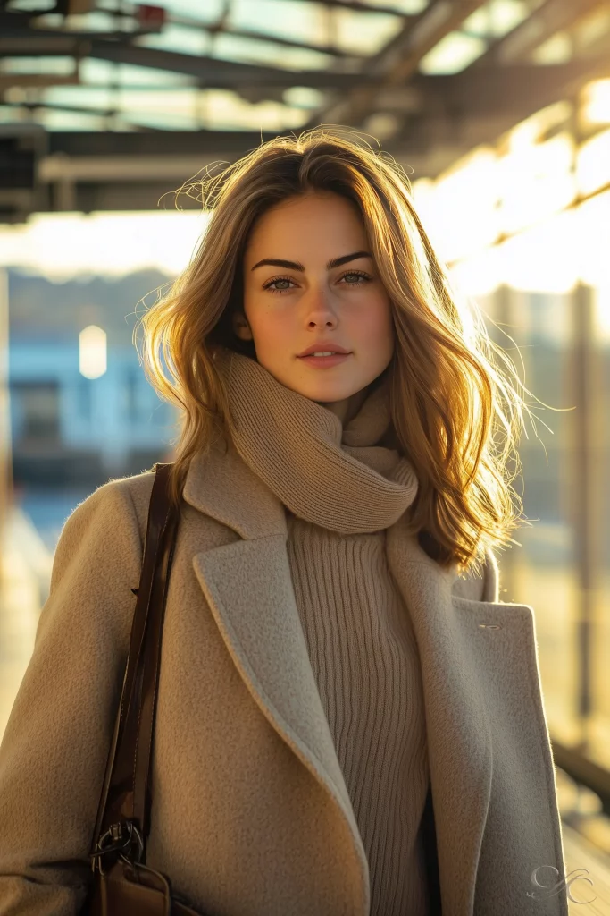 Camille arriving at Avignon Centre train station in soft autumn light, wearing a neutral travel outfit and walking toward the old town.