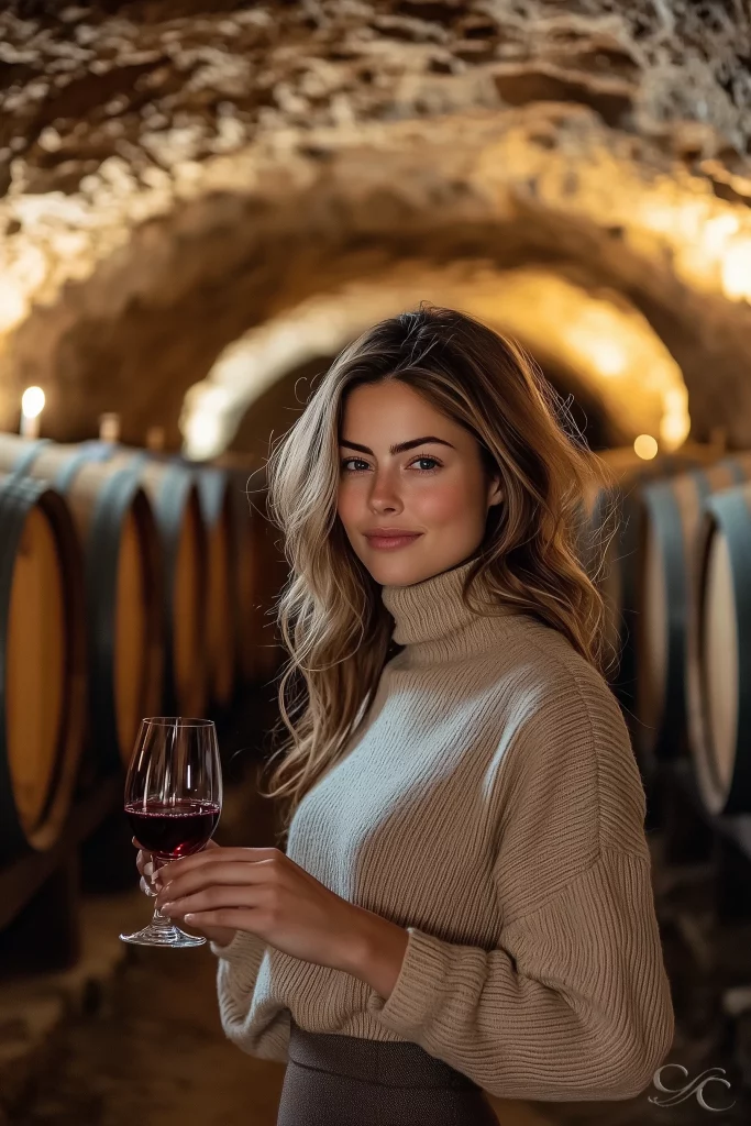 Holding a glass of wine in a dimly lit wine cellar