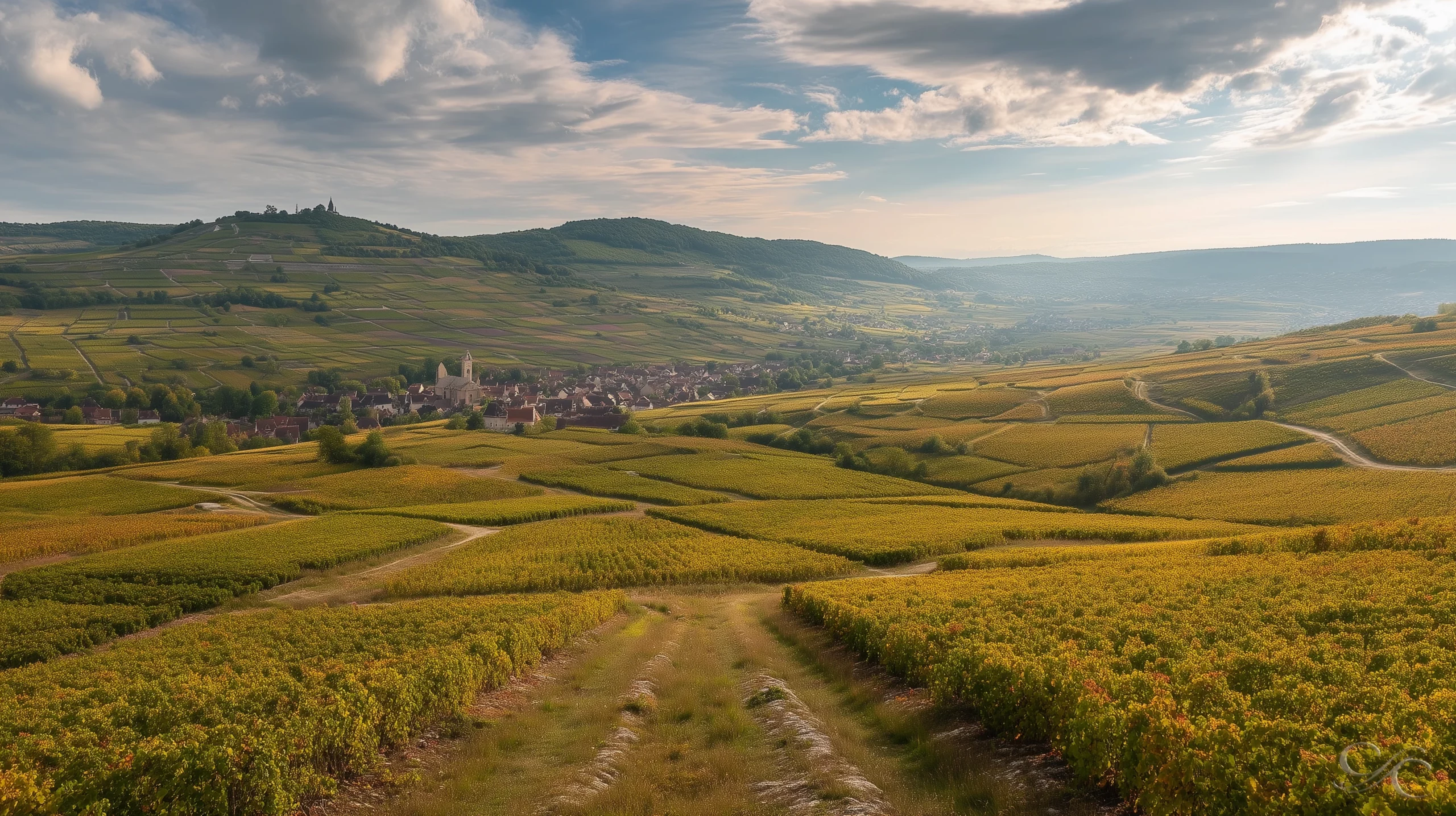 A panoramic view of the Brouilly and Côte de Brouilly vineyards in Beaujolais, showing rolling golden hills, terraced plots, and a small village nestled at the base of the slopes under a partly cloudy sky.
