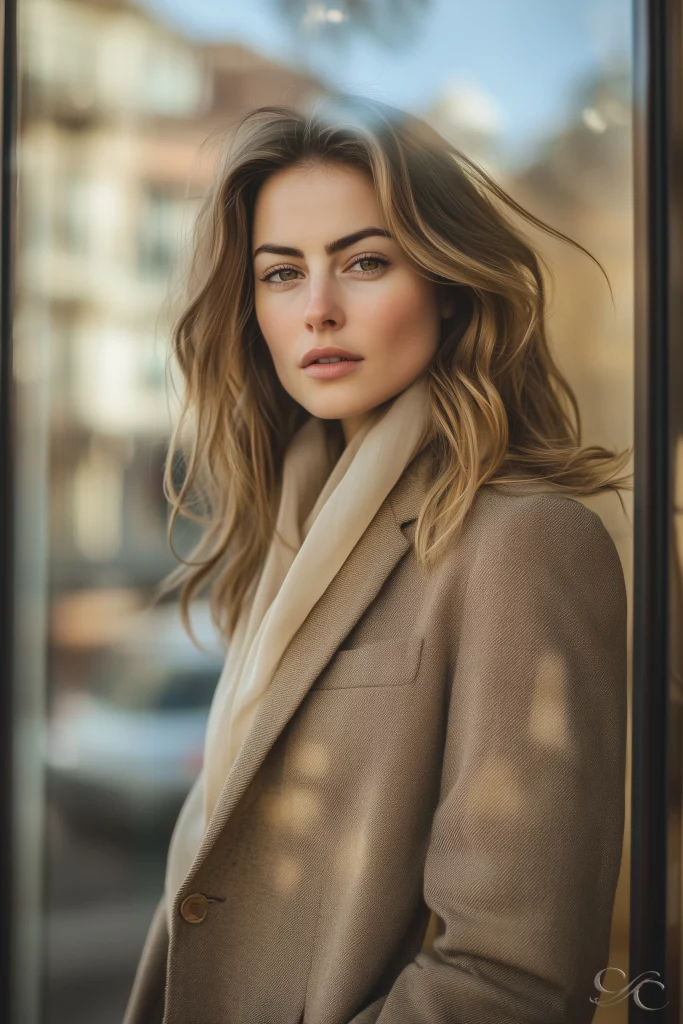 Gazing thoughtfully through a window on a sunny city day