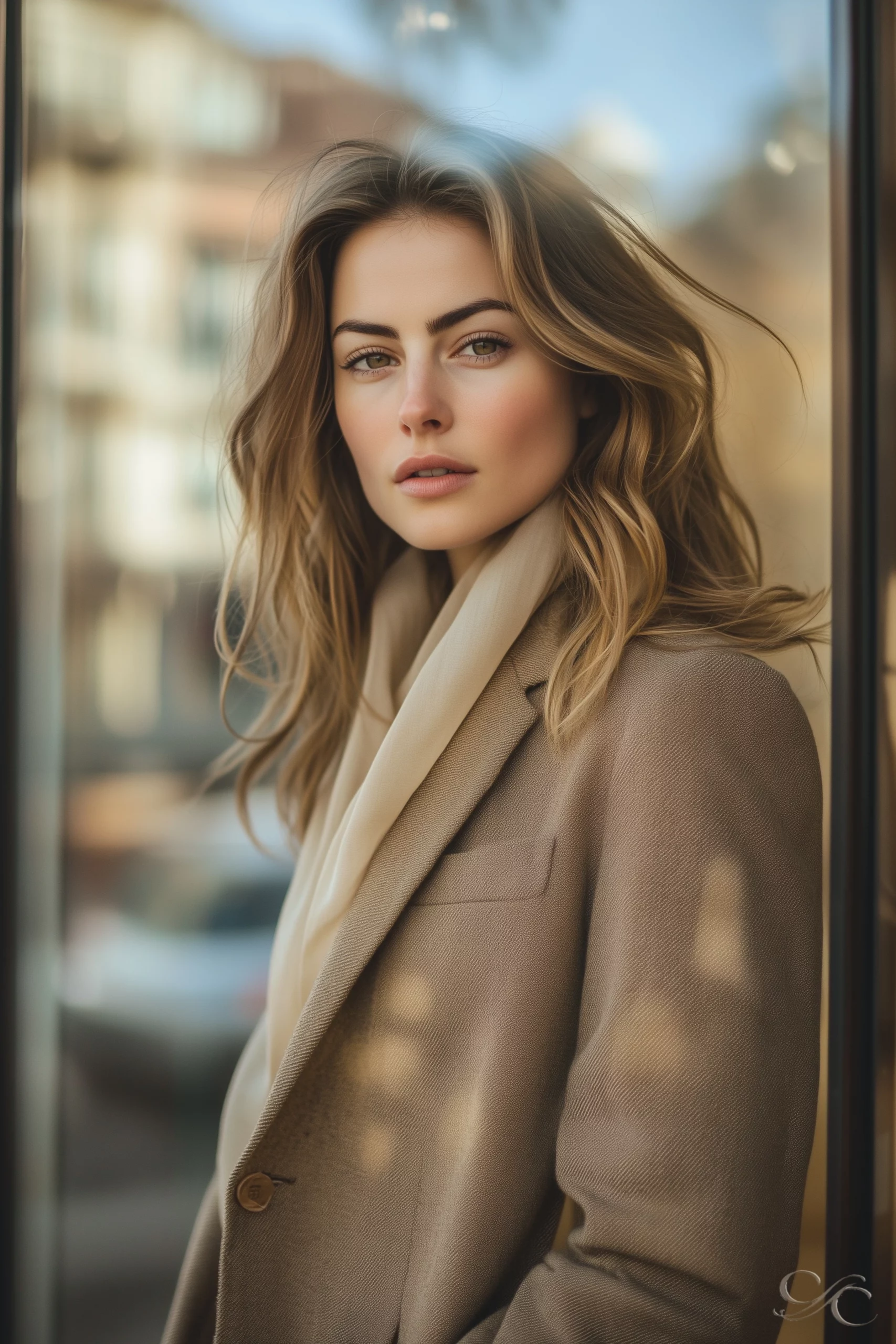 Gazing thoughtfully through a window on a sunny city day